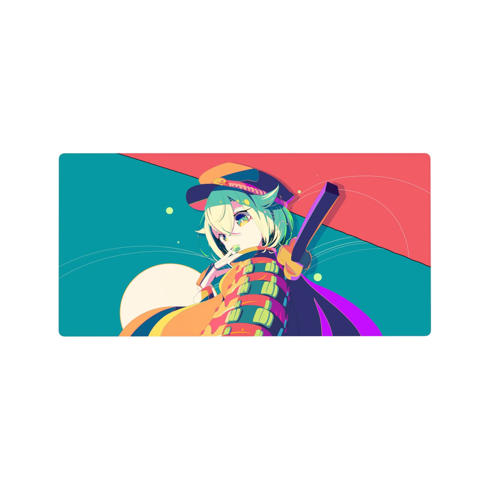 32x16 inches anime girl mouse pad with mint-haired winking character, stripes and floating confetti dots.