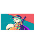 32x16 inches anime girl mouse pad with mint-haired winking character, stripes and floating confetti dots.