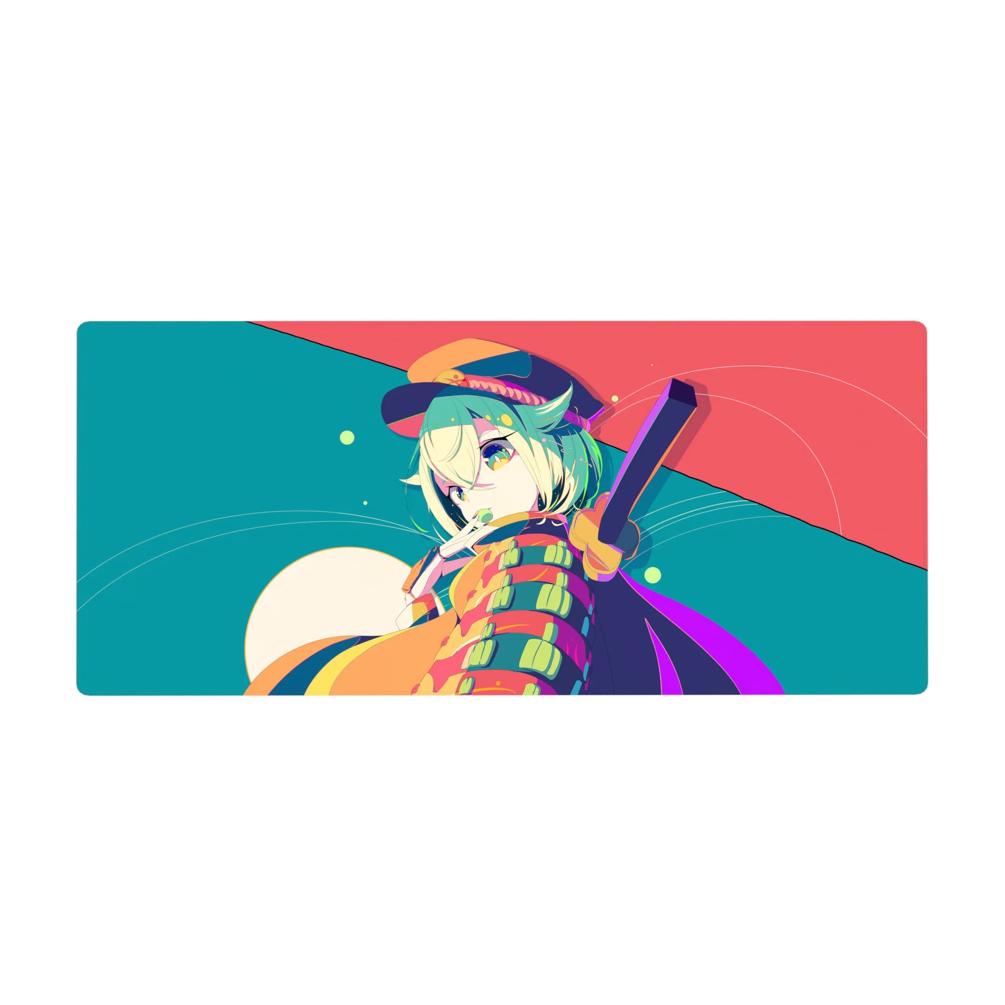 Anime girl desk pad 36x16 inches with mint-haired wink, bold stripes, floating dots, and moonlit vibe.