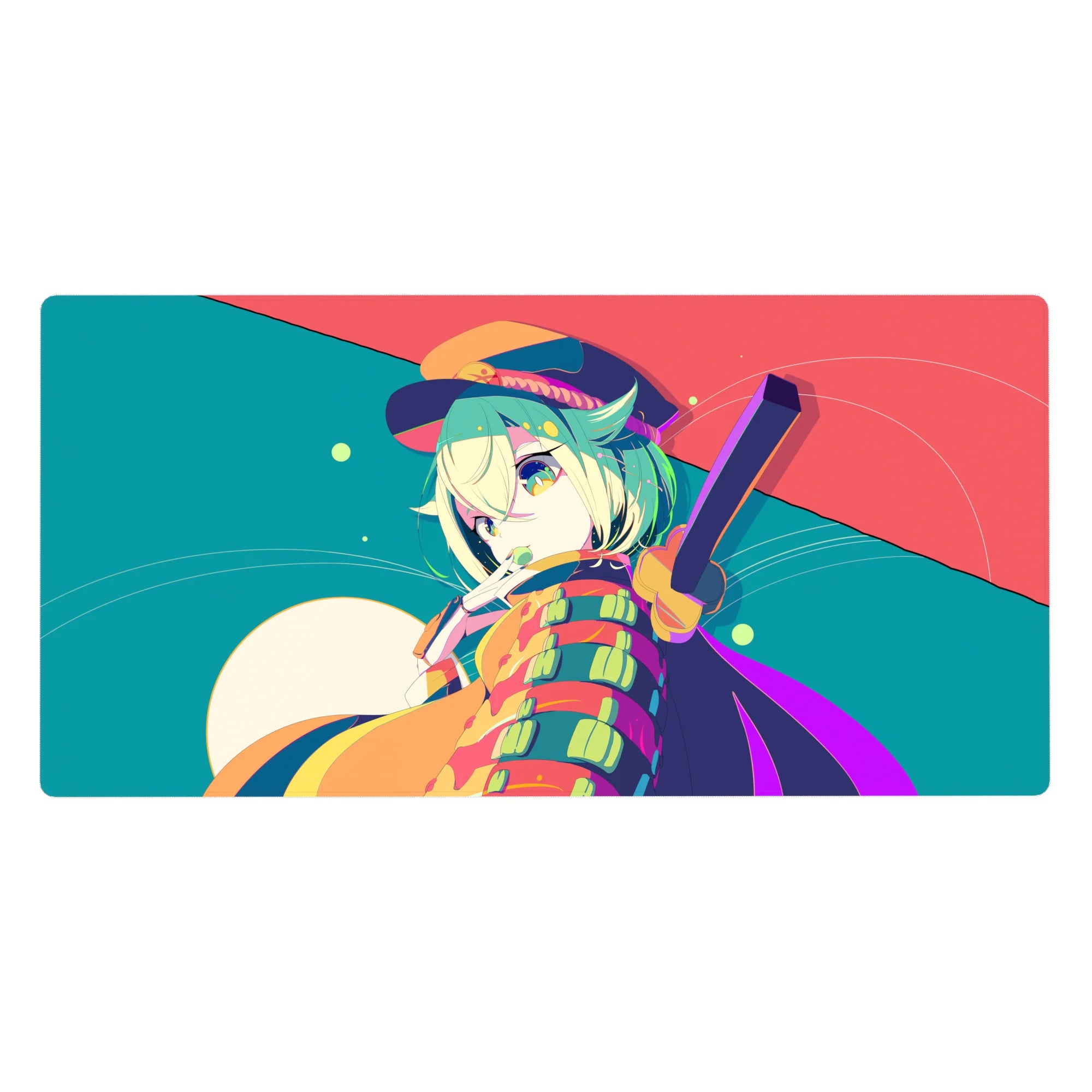 Anime girl desk pad 40x20 inches with wink, mint hair, tiny hat, bold stripes and floating dots.