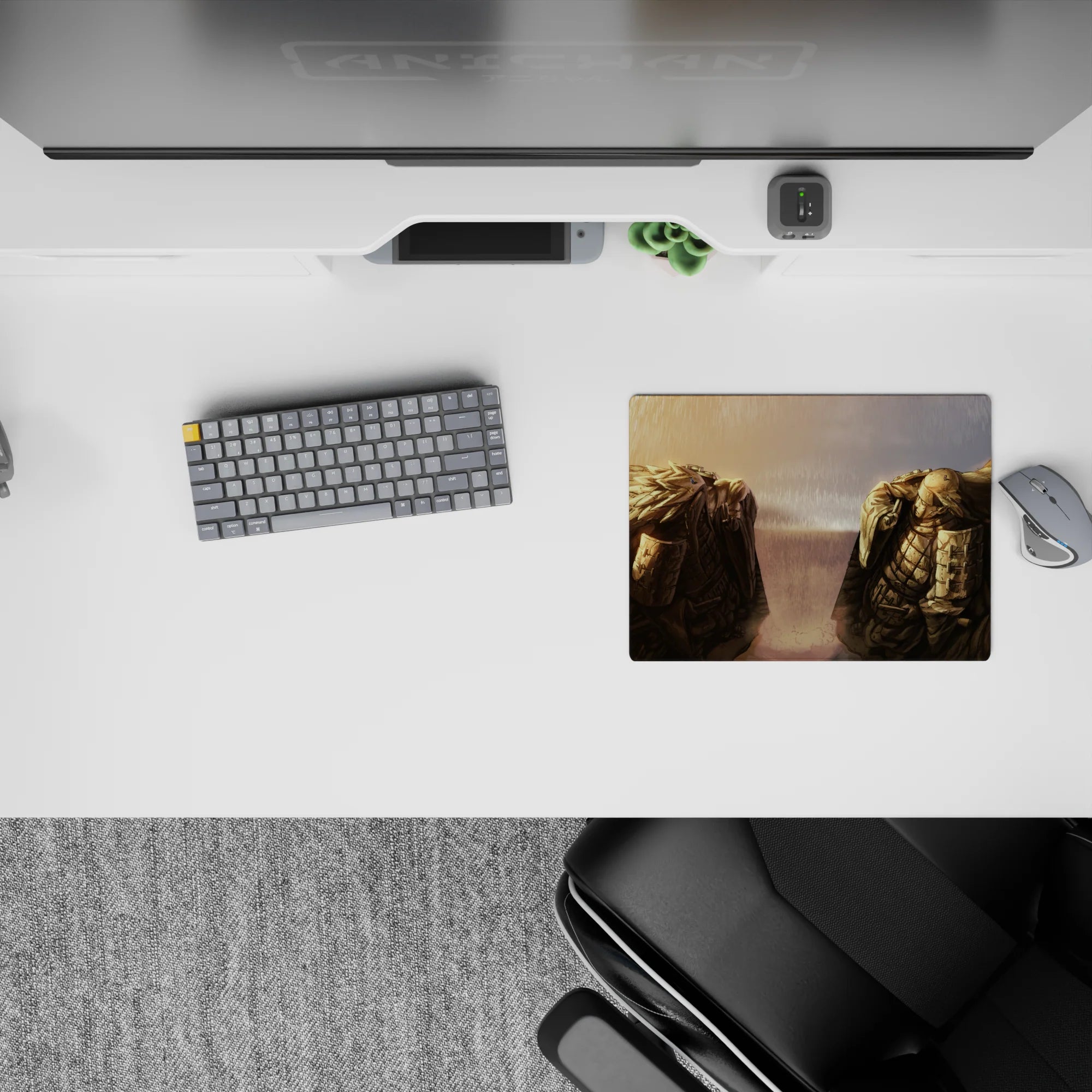 Moody 14x10 inches anime mouse pad in sunset gold to storm-gray rain tones, quiet and epic.