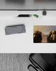 Moody 14x10 inches anime mouse pad in sunset gold to storm-gray rain tones, quiet and epic.