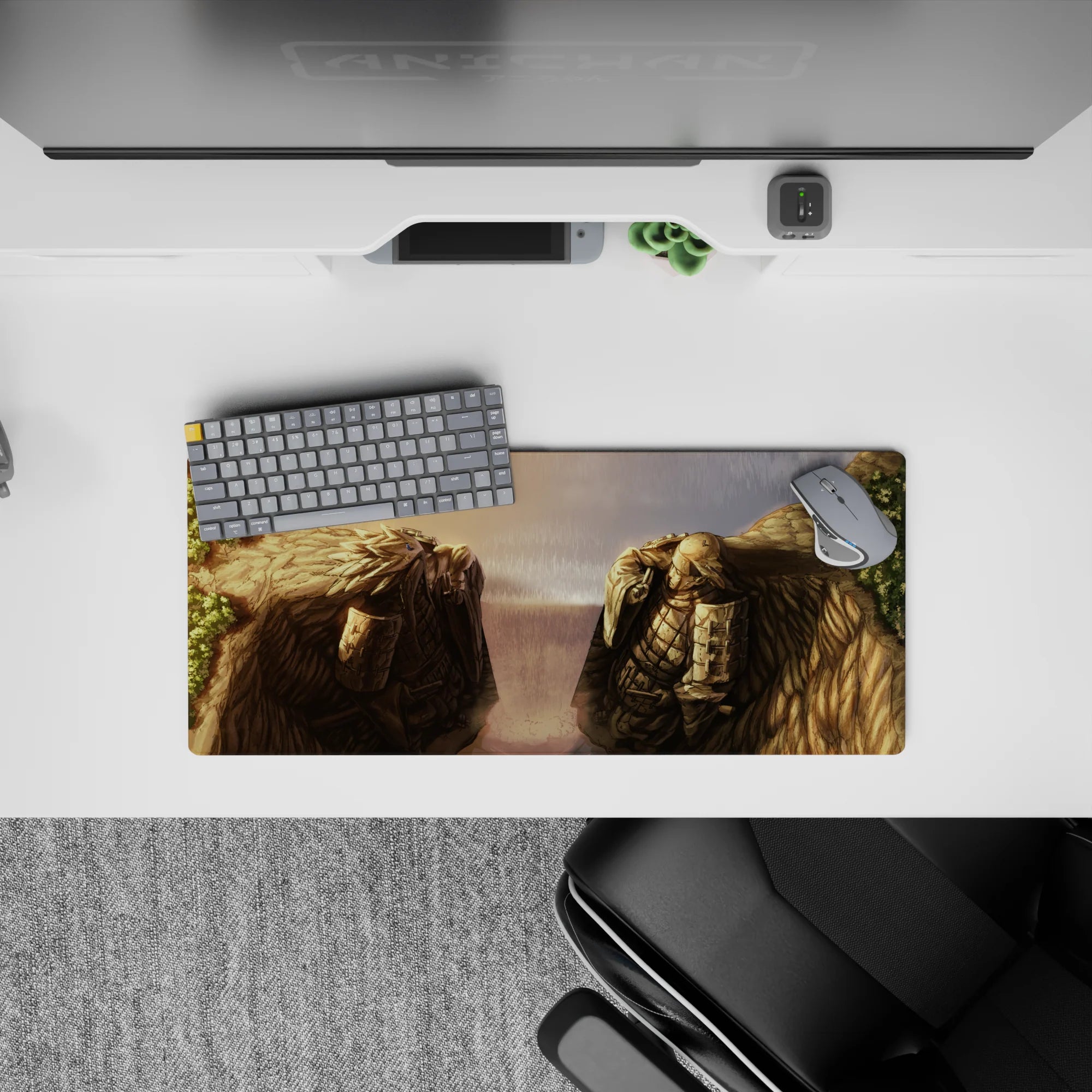 28x12 inches anime desk mat in moody sunset gold to stormy gray rain scene with sketchy textures.