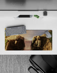 28x12 inches anime desk mat in moody sunset gold to stormy gray rain scene with sketchy textures.