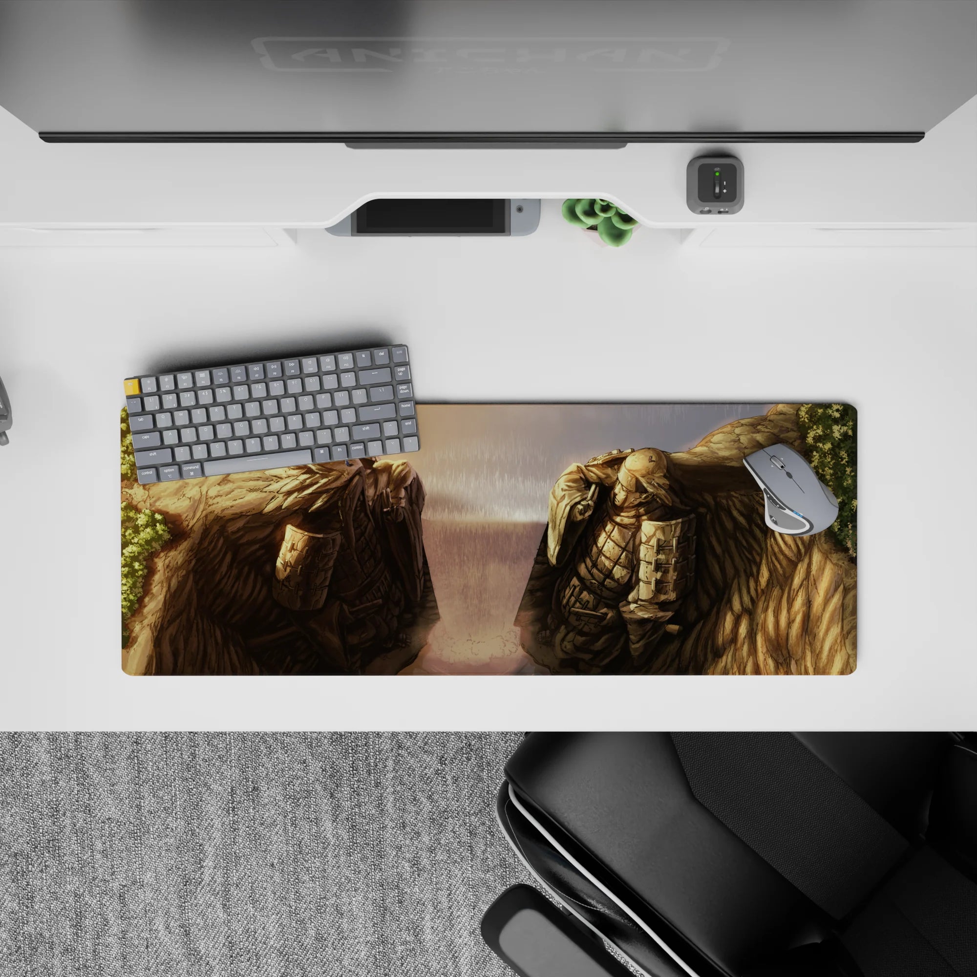 Sunset gold to stormy gray Attack on Titan desk mat 32x12 inches, moody rain scene with sketch textures.