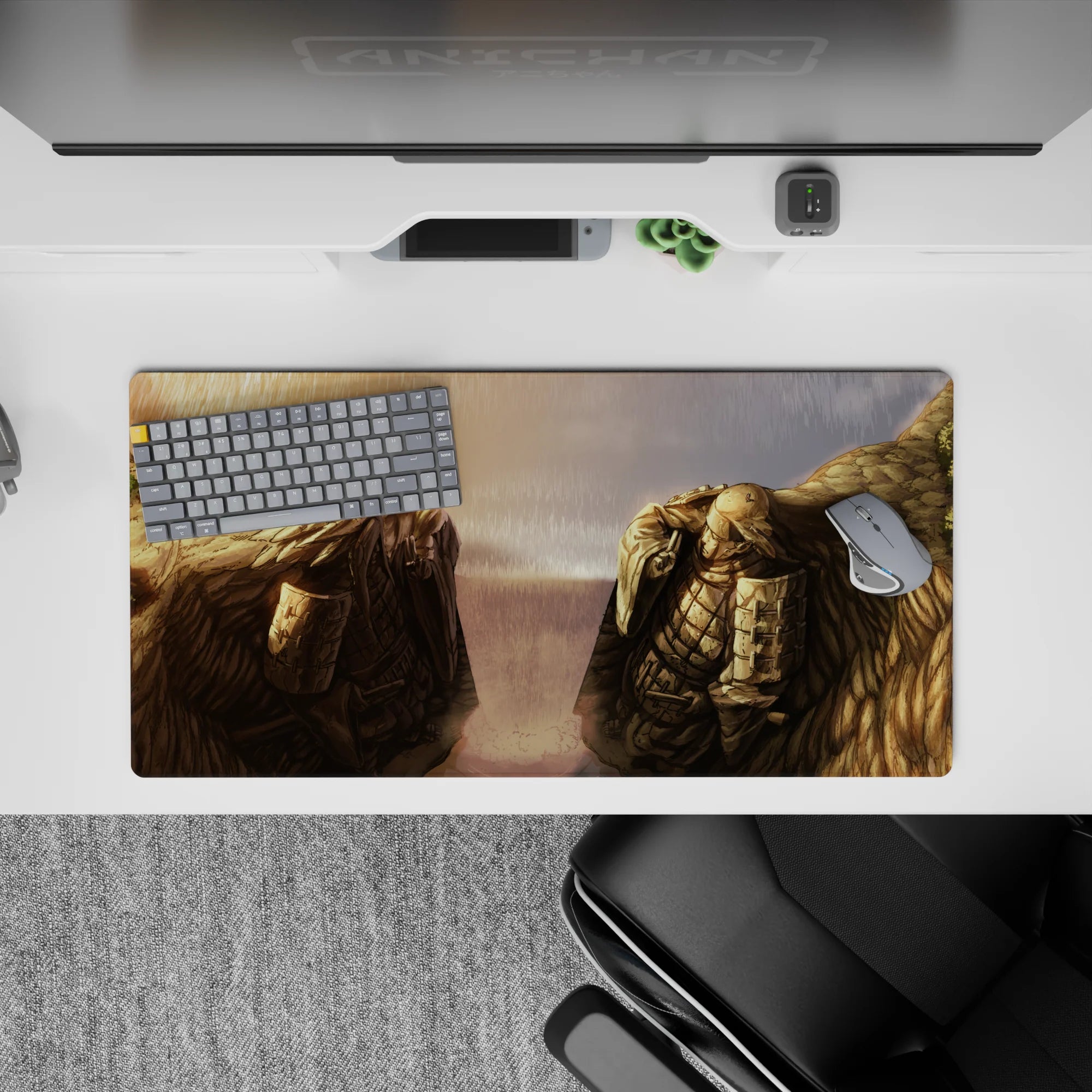 Moody sunset gold to stormy gray anime mouse pad 32x16 inches, sketchy textures, quiet epic feel.