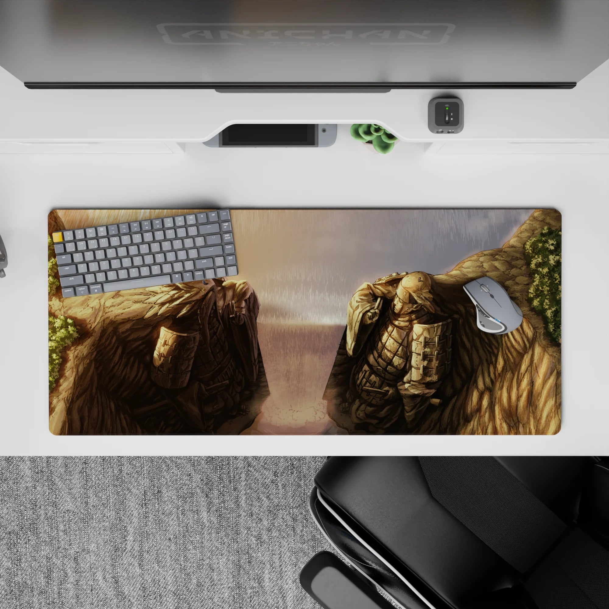 36x16 inches anime desk pad in warm sunset gold to stormy gray, moody rain-soaked atmosphere.