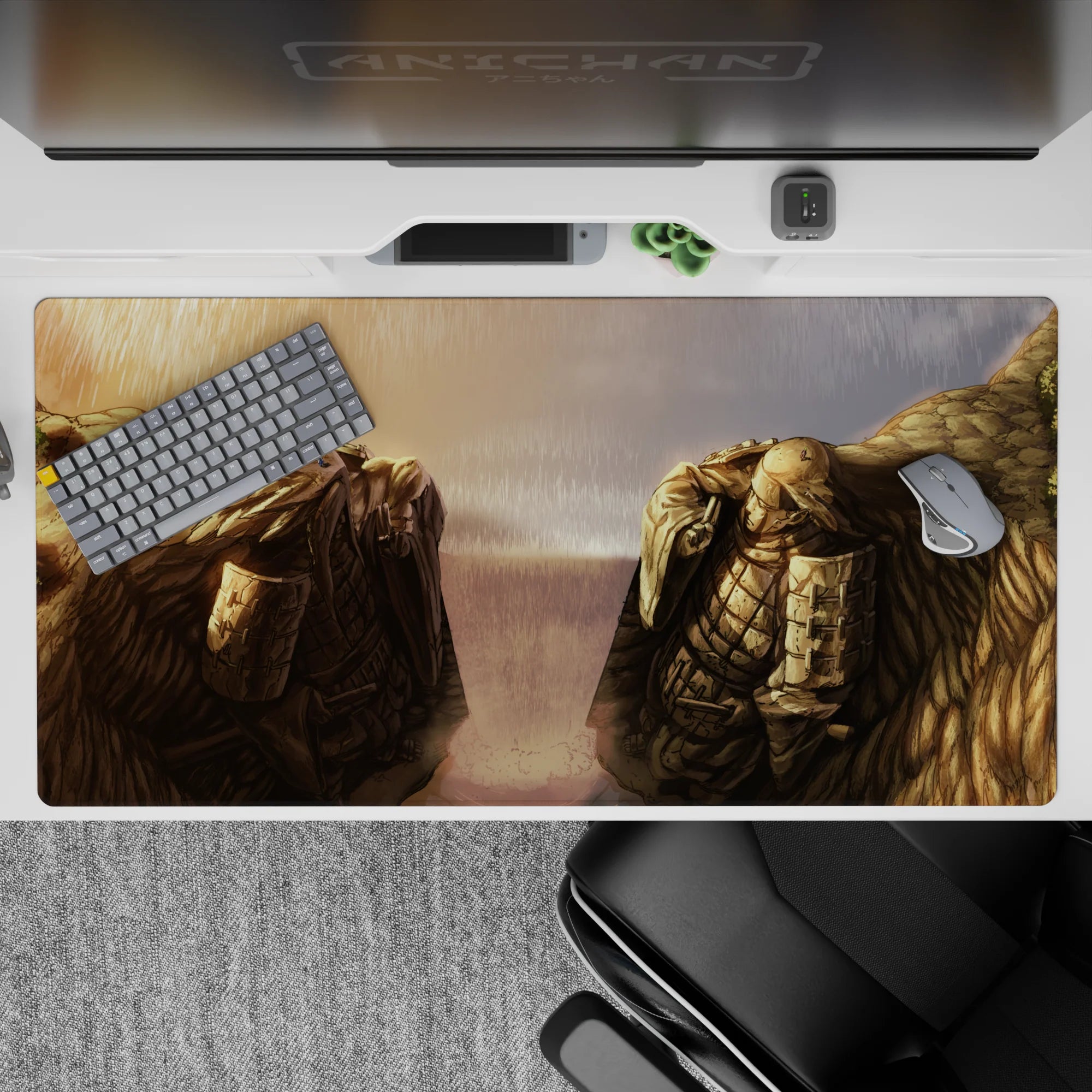 Moody sunset gold to storm-gray anime desk pad 40x20 inches with rainy textures and quiet tension.
