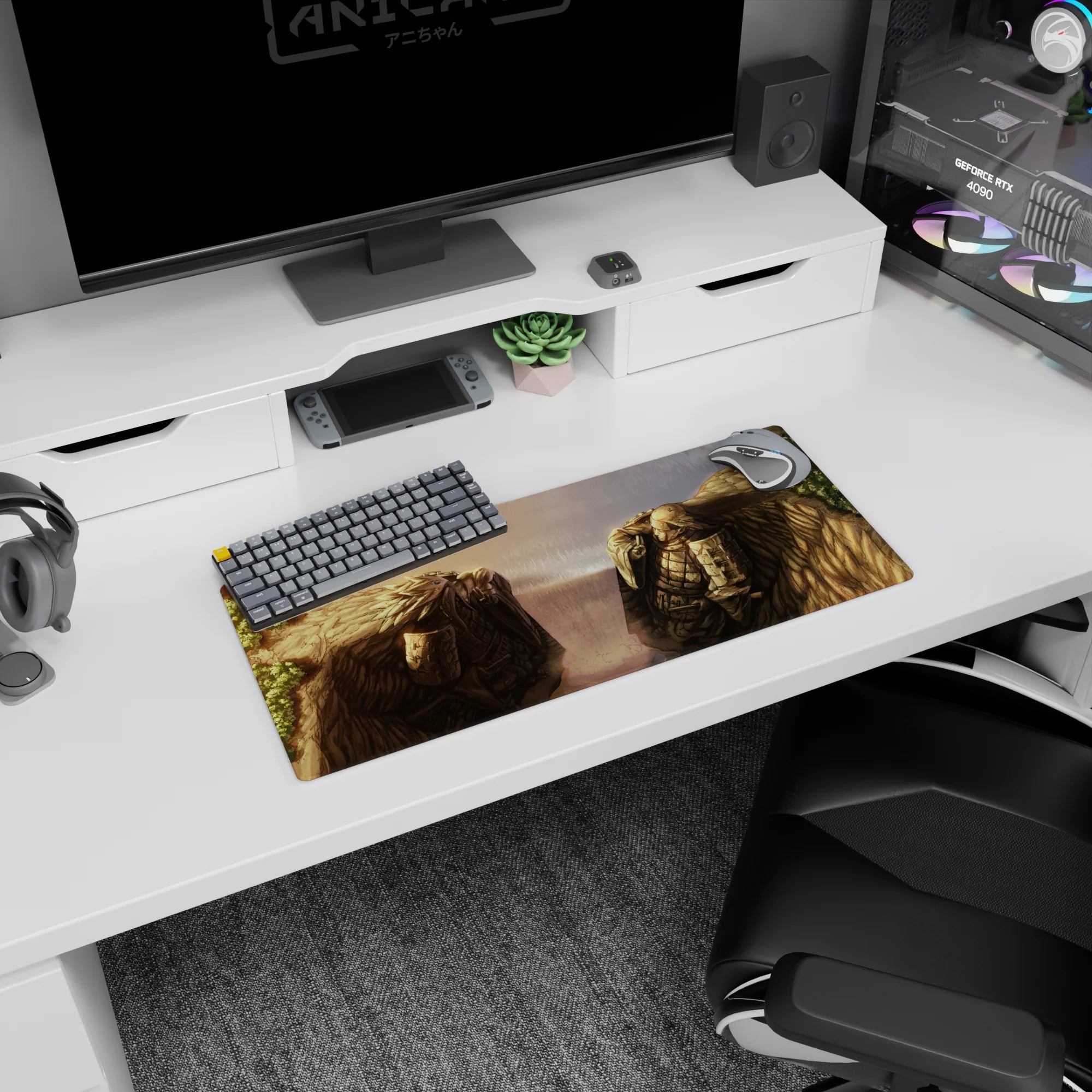 28x12 inches Attack on Titan mouse pad showing Armored Titan and Colossal Titan locked in a rainy stare.