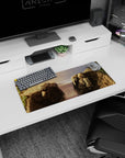 28x12 inches Attack on Titan mouse pad showing Armored Titan and Colossal Titan locked in a rainy stare.