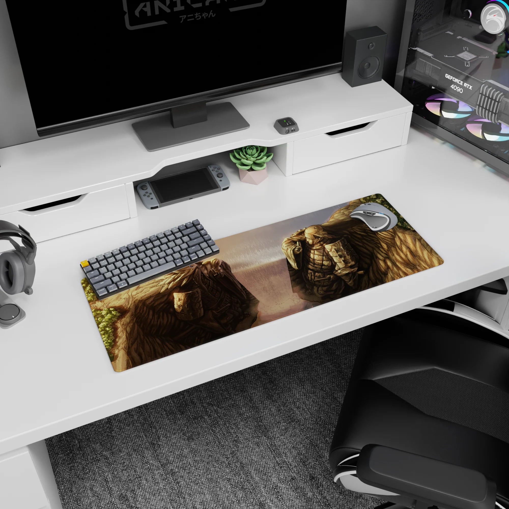Armored Titan vs Colossal Titan locked in a rainy stare-down on an anime mouse pad 32x12 inches.