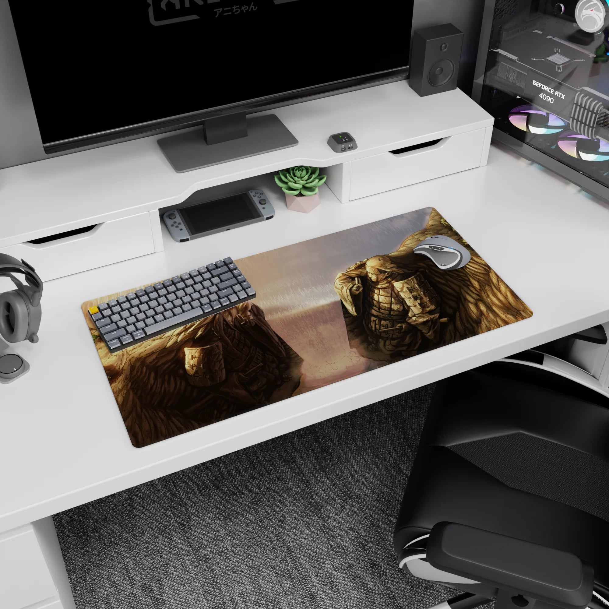 Armored Titan vs Colossal Titan locked in a rainy stare-down mouse pad 32x16 inches for long sessions.