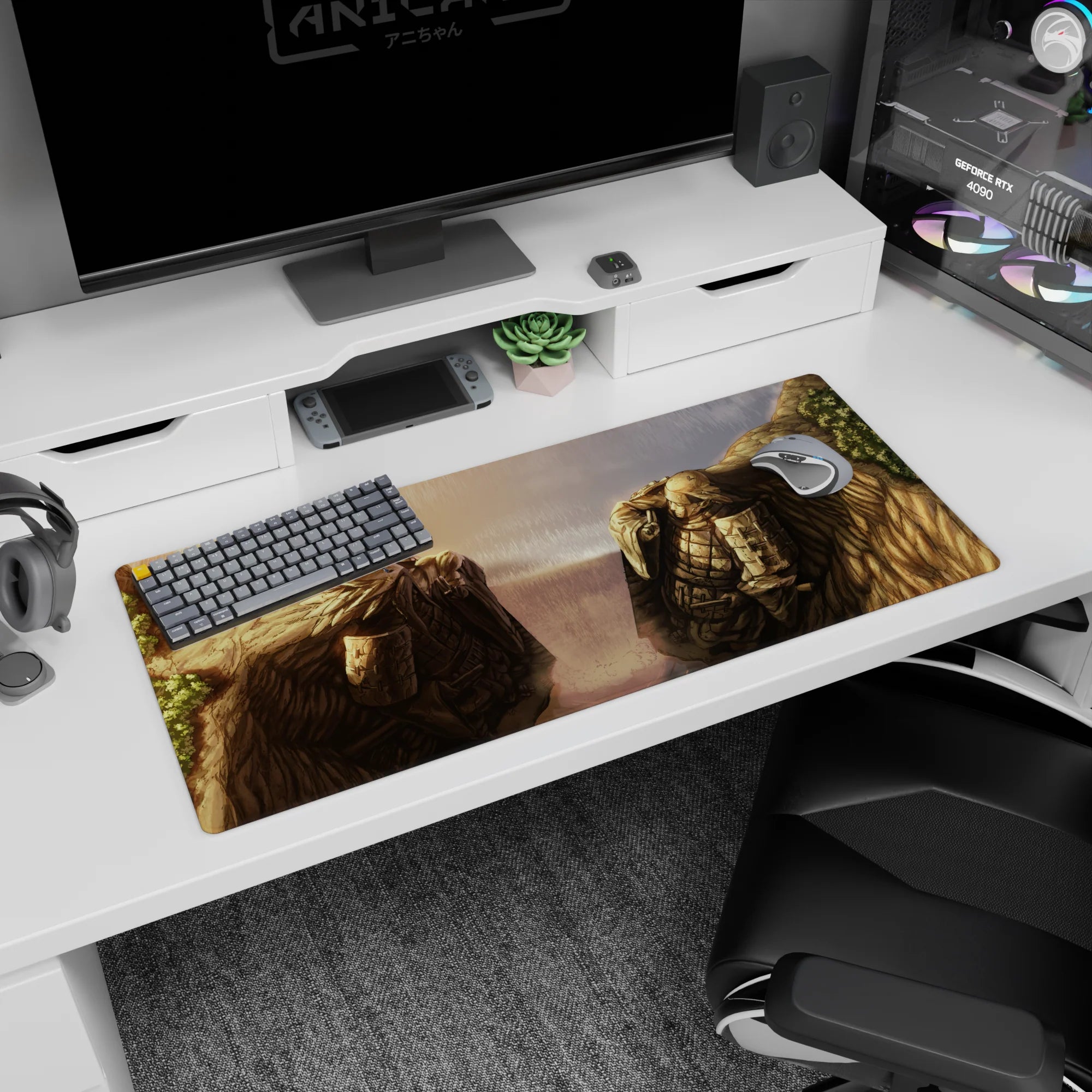 36x16 inches anime desk pad featuring Armored Titan and Colossal Titan locked in a rainy stare-down.