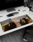 36x16 inches anime desk pad featuring Armored Titan and Colossal Titan locked in a rainy stare-down.
