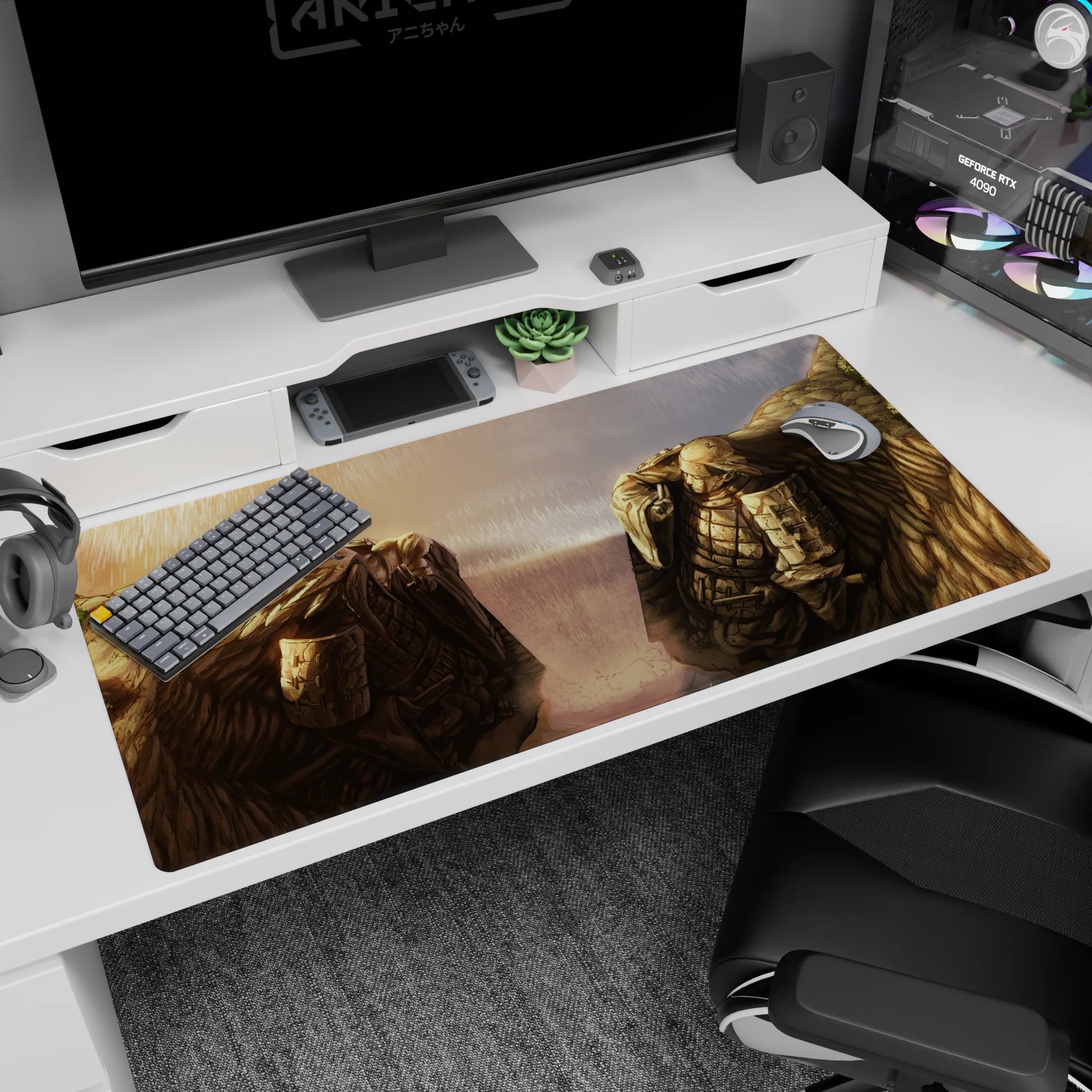 Armored Titan and Colossal Titan locked in a rain-soaked stare-down desk pad 40x20 inches.