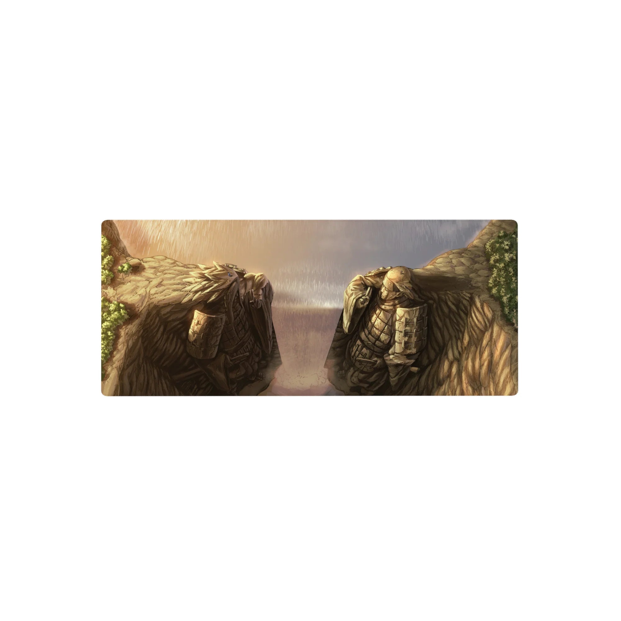 28x12 inches anime mouse pad featuring Attack on Titan Armored vs Colossal Titan rainy standoff art.