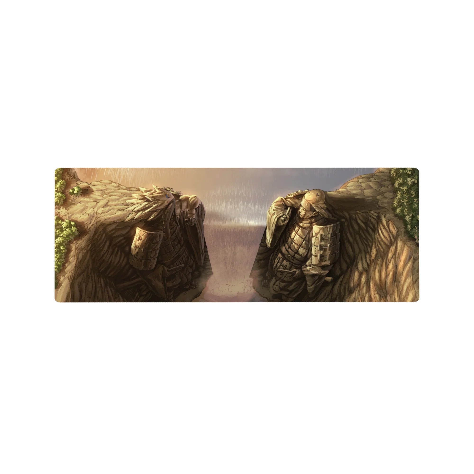 Attack on Titan anime mouse pad 32x12 inches with Armored and Colossal Titan rainy standoff art.