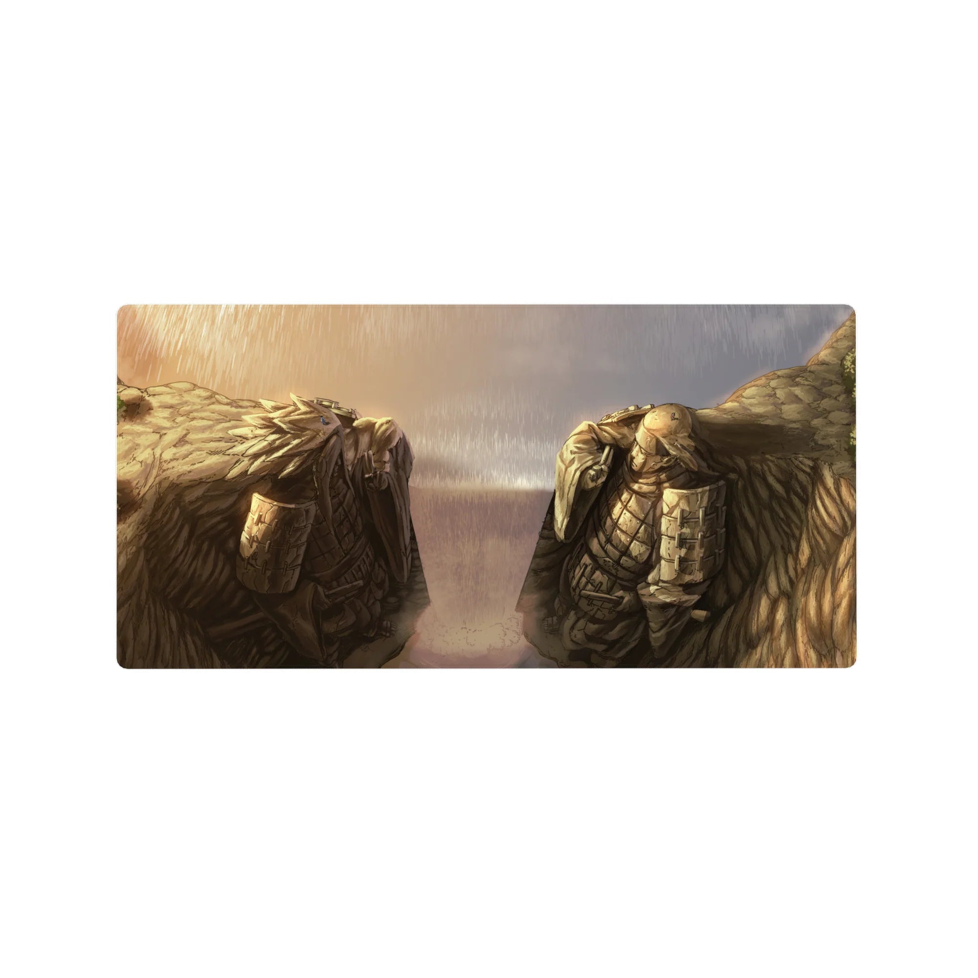 Attack on Titan anime mouse pad 32x16 inches with Armored and Colossal Titans rainy face-off scene.