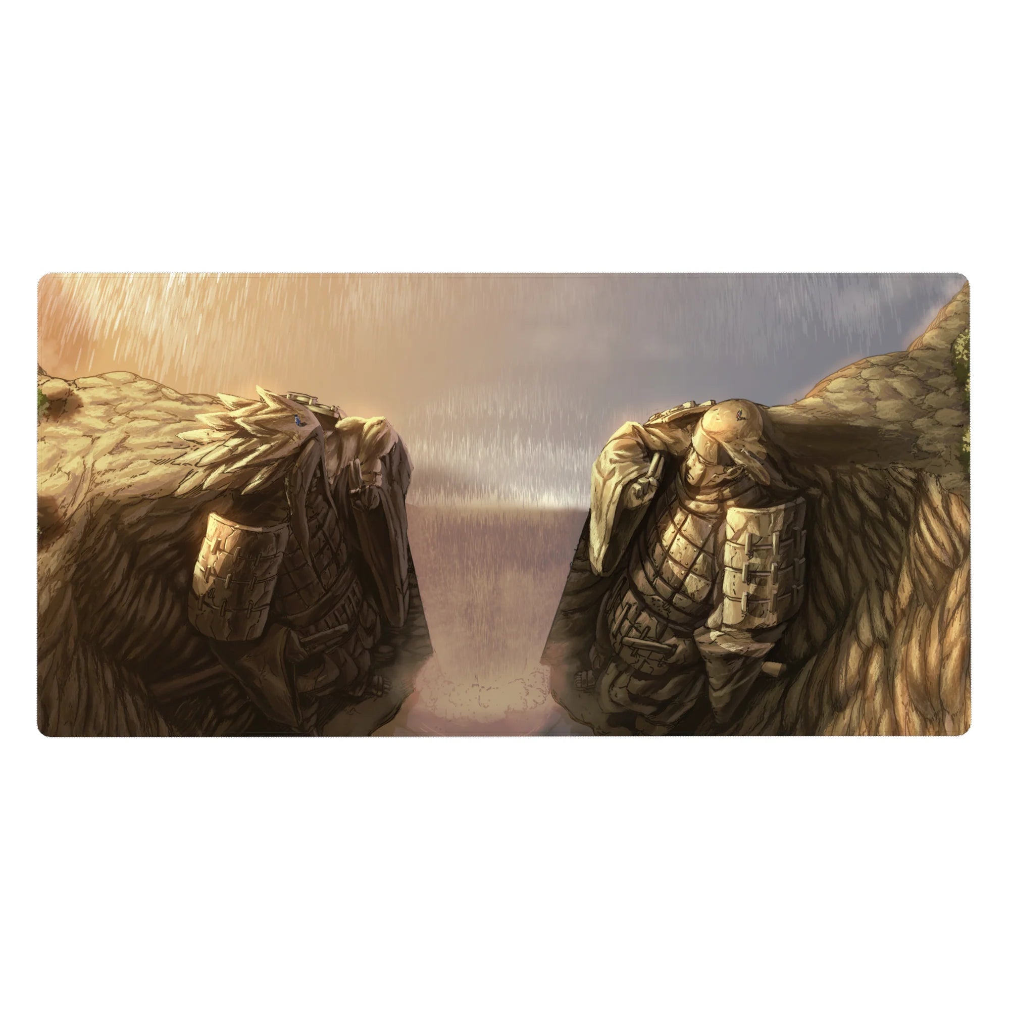 Attack on Titan anime desk pad 40x20 inches with Armored vs Colossal Titan rainy standoff scene.
