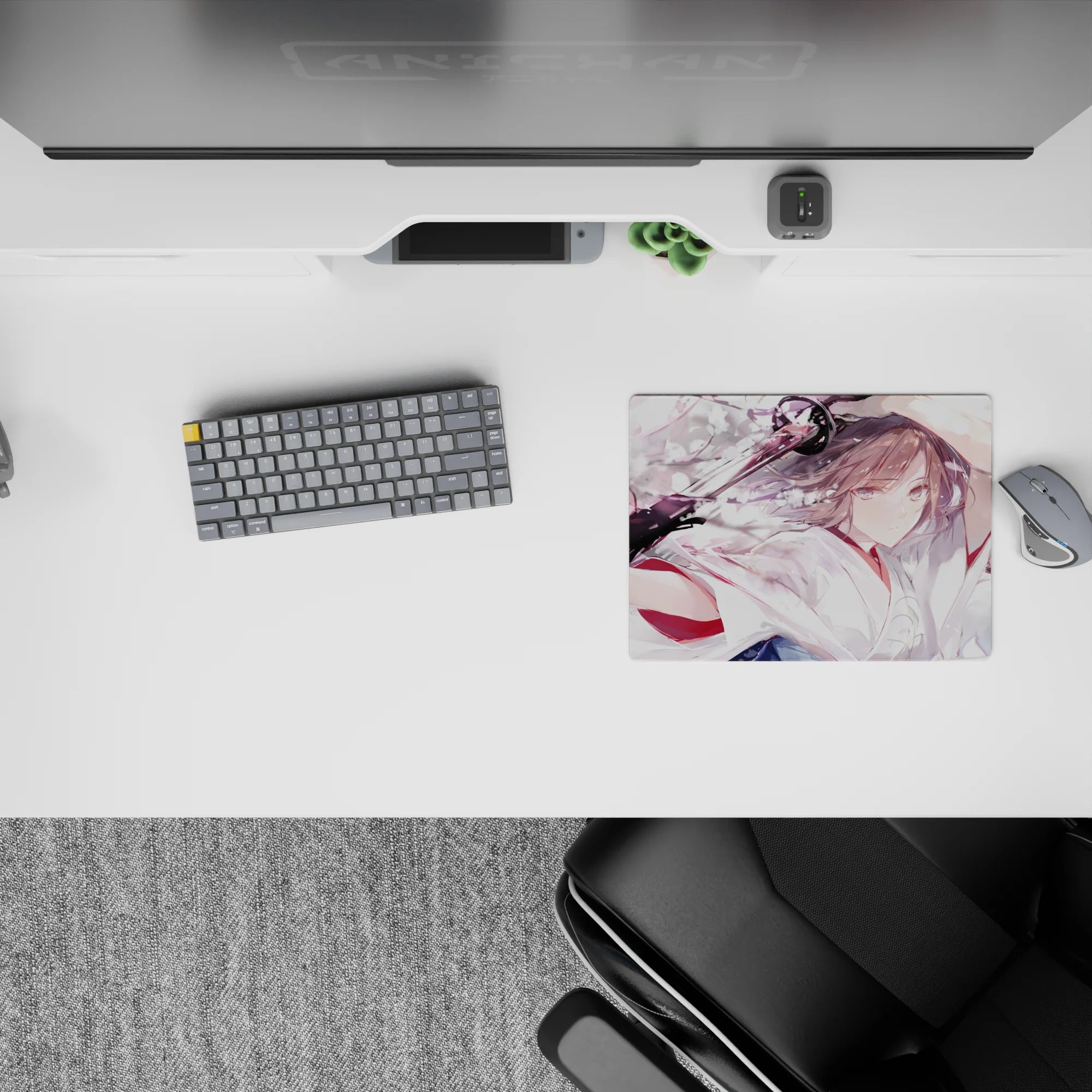 Soft pink, milky white, and smoky gray anime girl mouse pad 14x10 inches, calm yet edgy vibe.