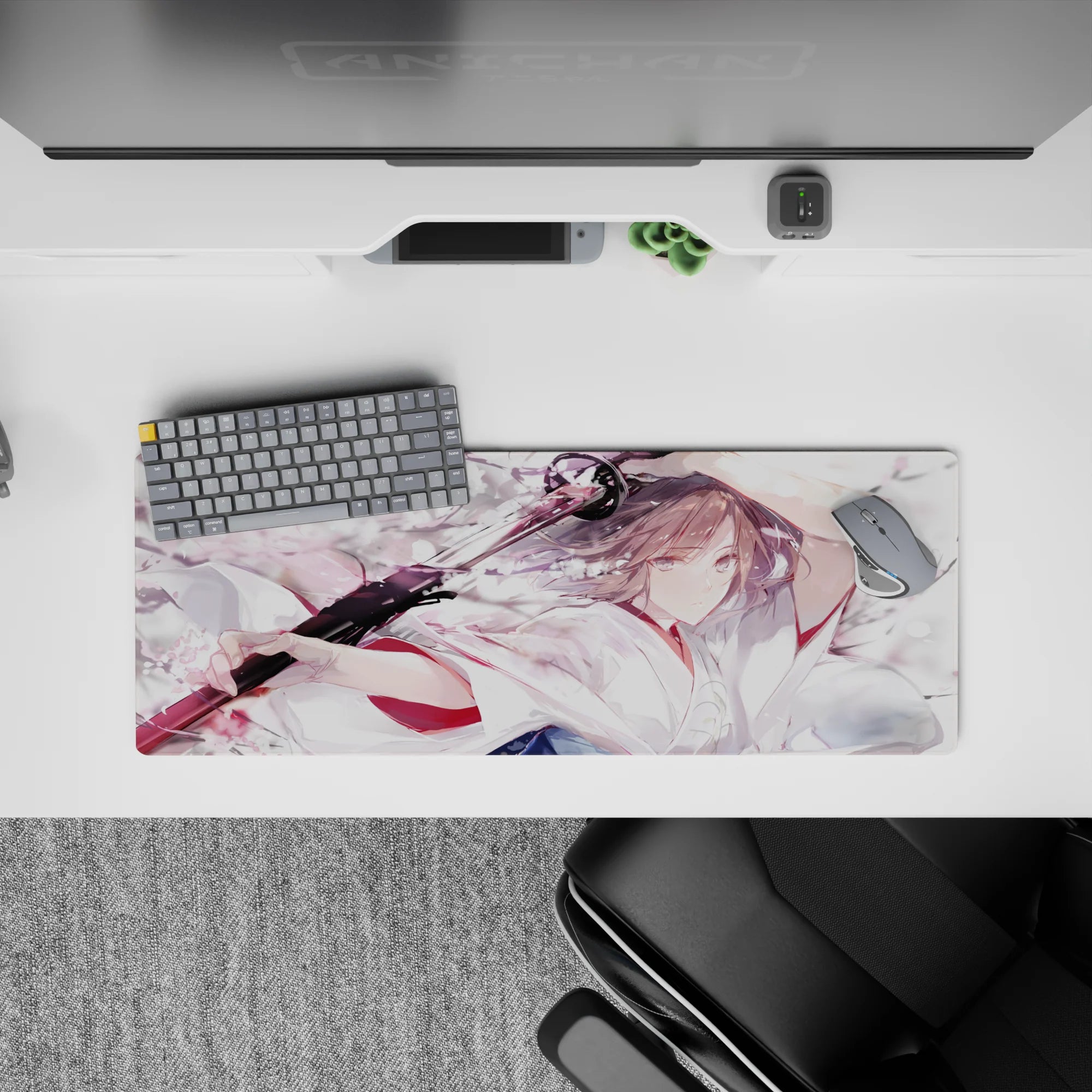 Pastel pink, milky white, and smoky gray anime girl mouse pad 32x12 inches with calm edgy mood.