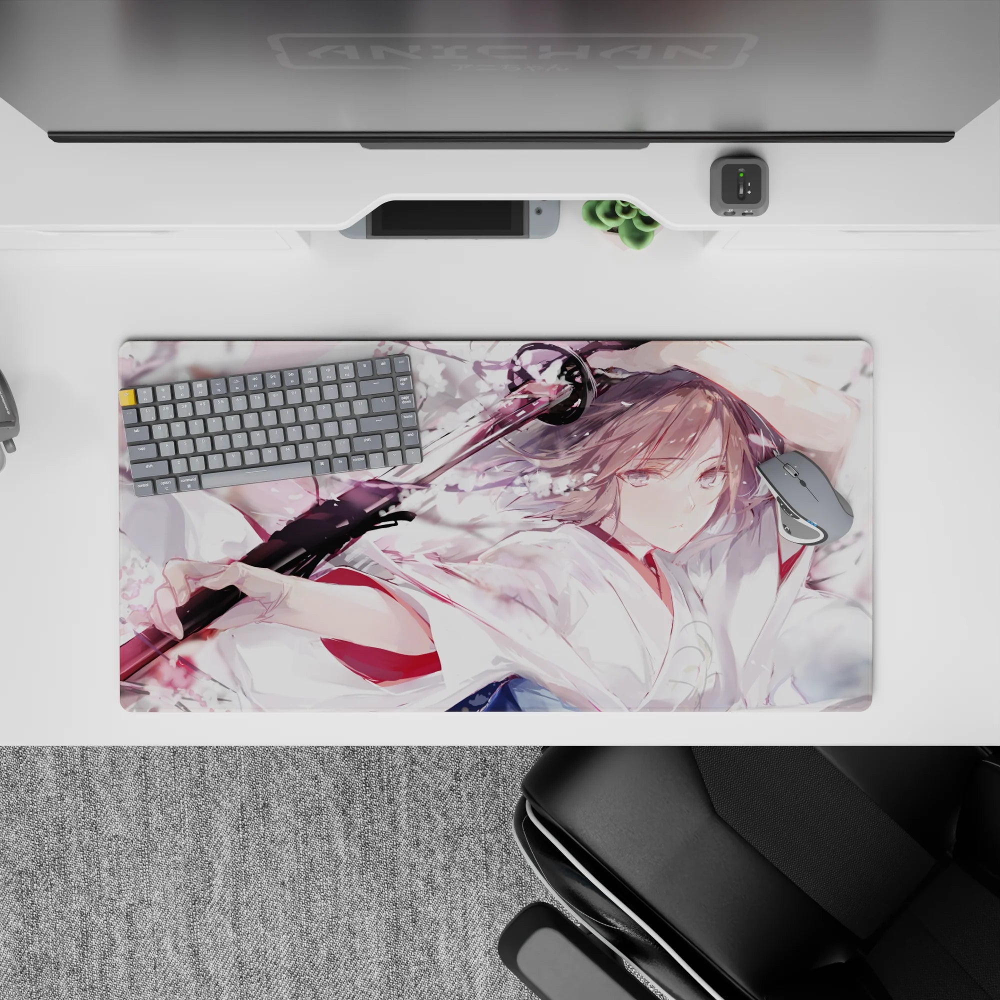 Pastel pink, milky white, and smoky gray watercolor anime desk mat mouse pad 32x16 inches.