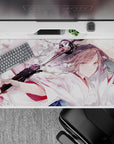 Pastel pink and milky white anime desk pad 40x20 inches, calm watercolor look with black blade contrast.