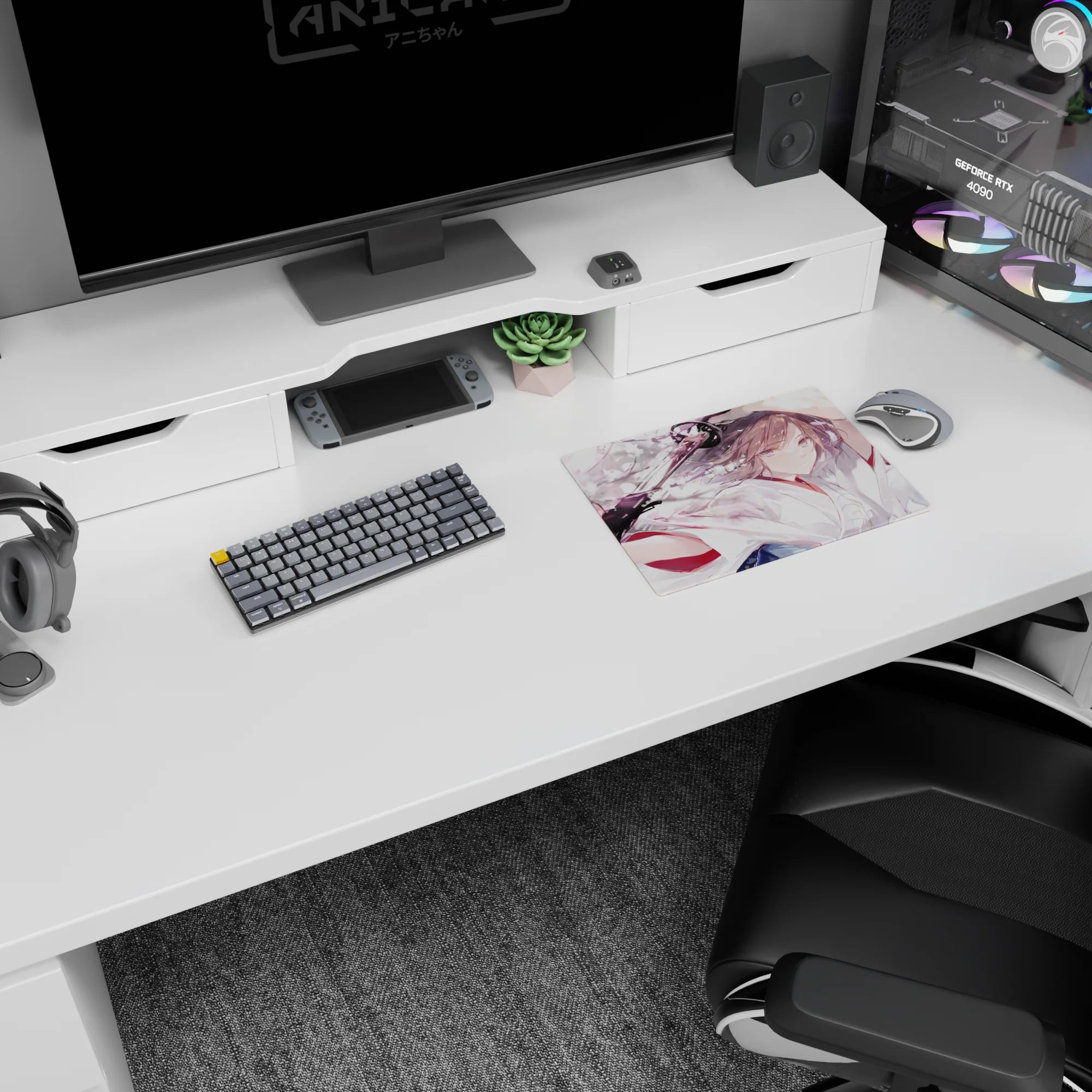 Anime shrine-maiden style girl gripping a katana amid drifting sakura petals on a 14x10 inches mouse pad.