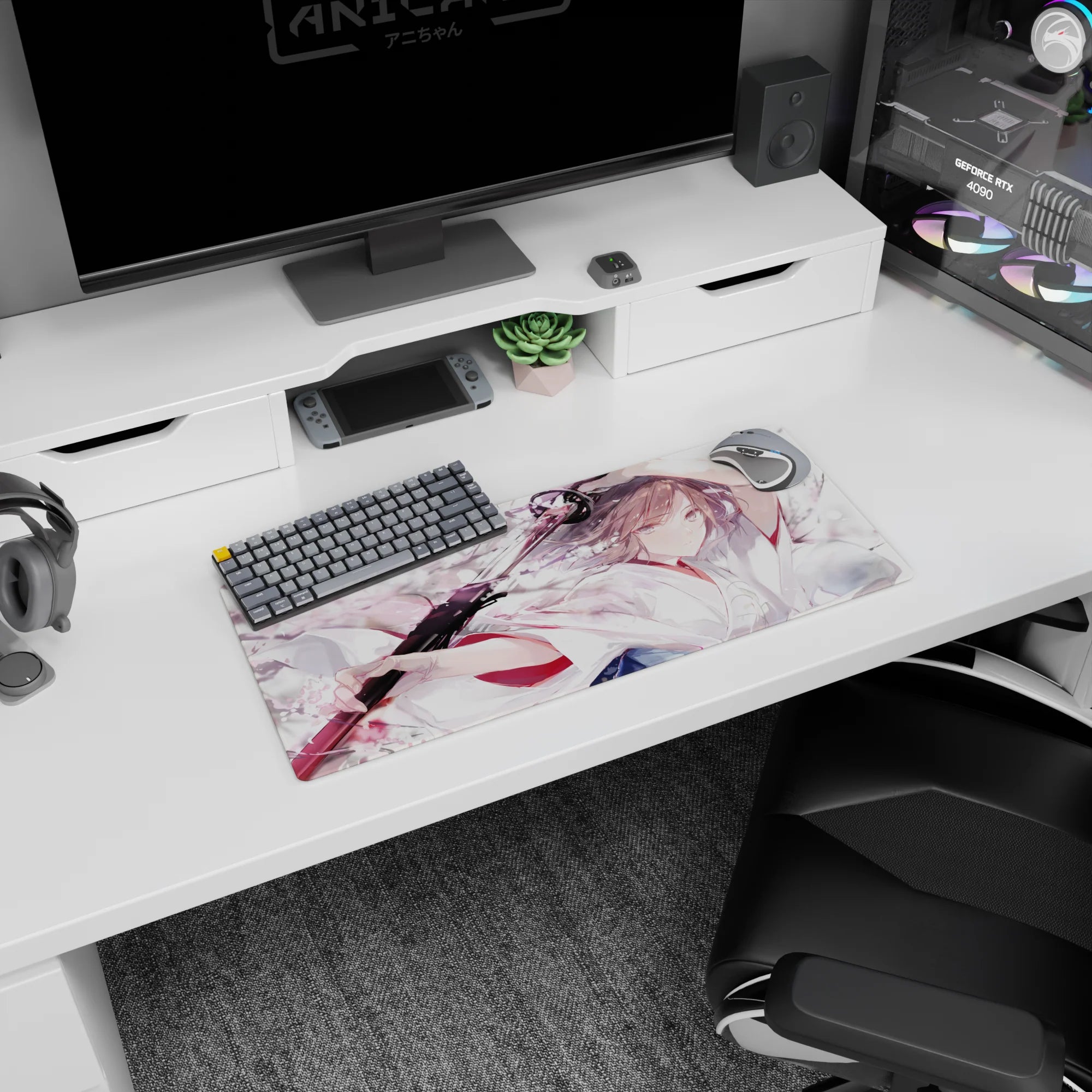 28x12 inches anime girl mouse pad showing a calm shrine maiden-style warrior holding a katana in falling petals.