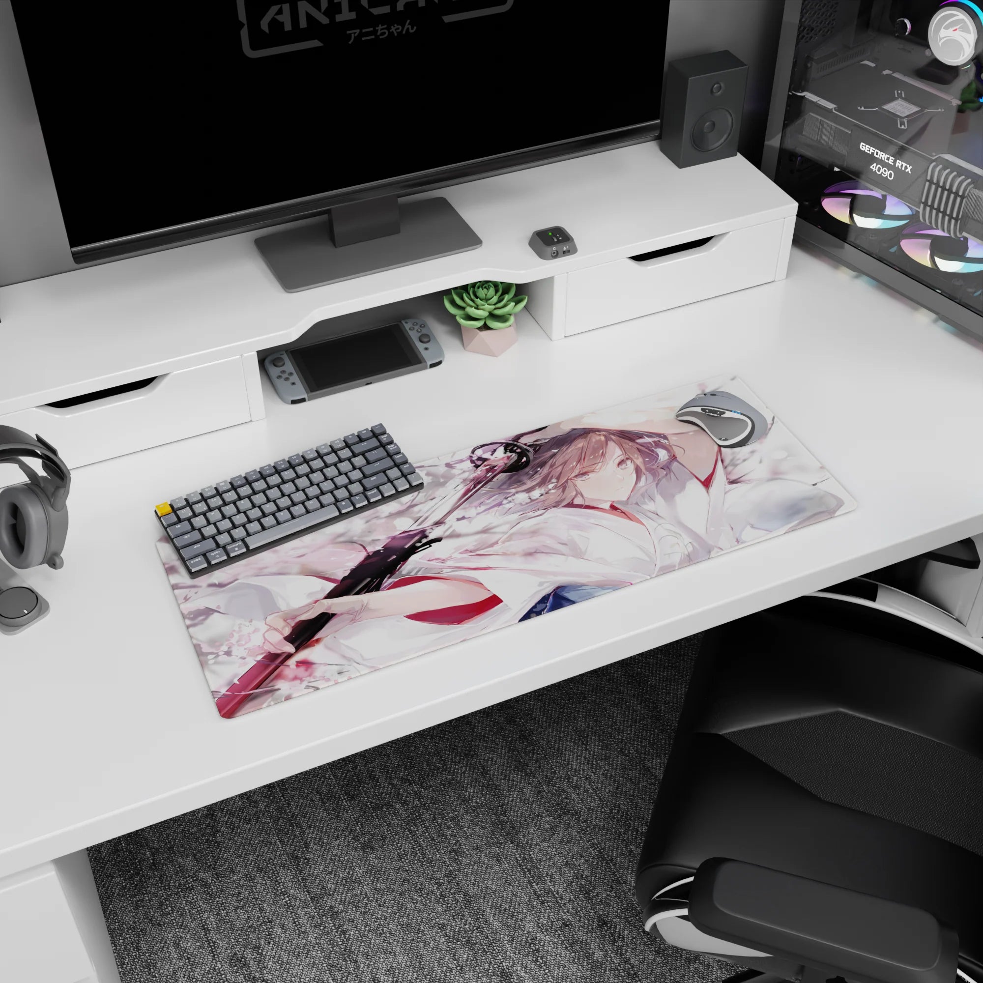 Katana-wielding anime girl amid floating cherry blossoms on extended mouse pad 32x12 inches.