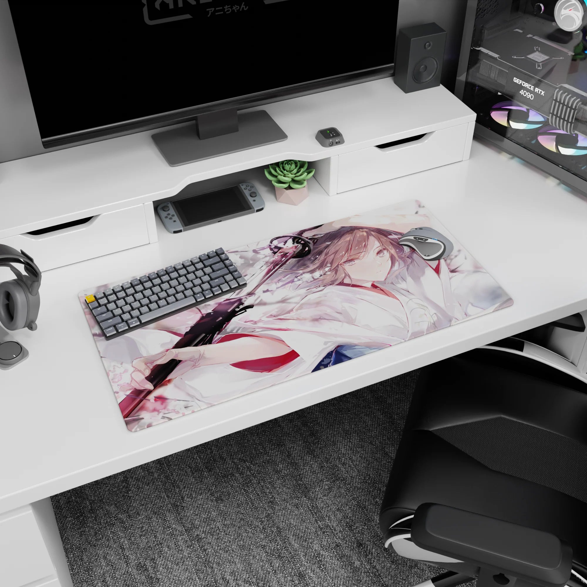 Calm anime girl gripping a black katana amid drifting cherry blossoms on mouse pad 32x16 inches.