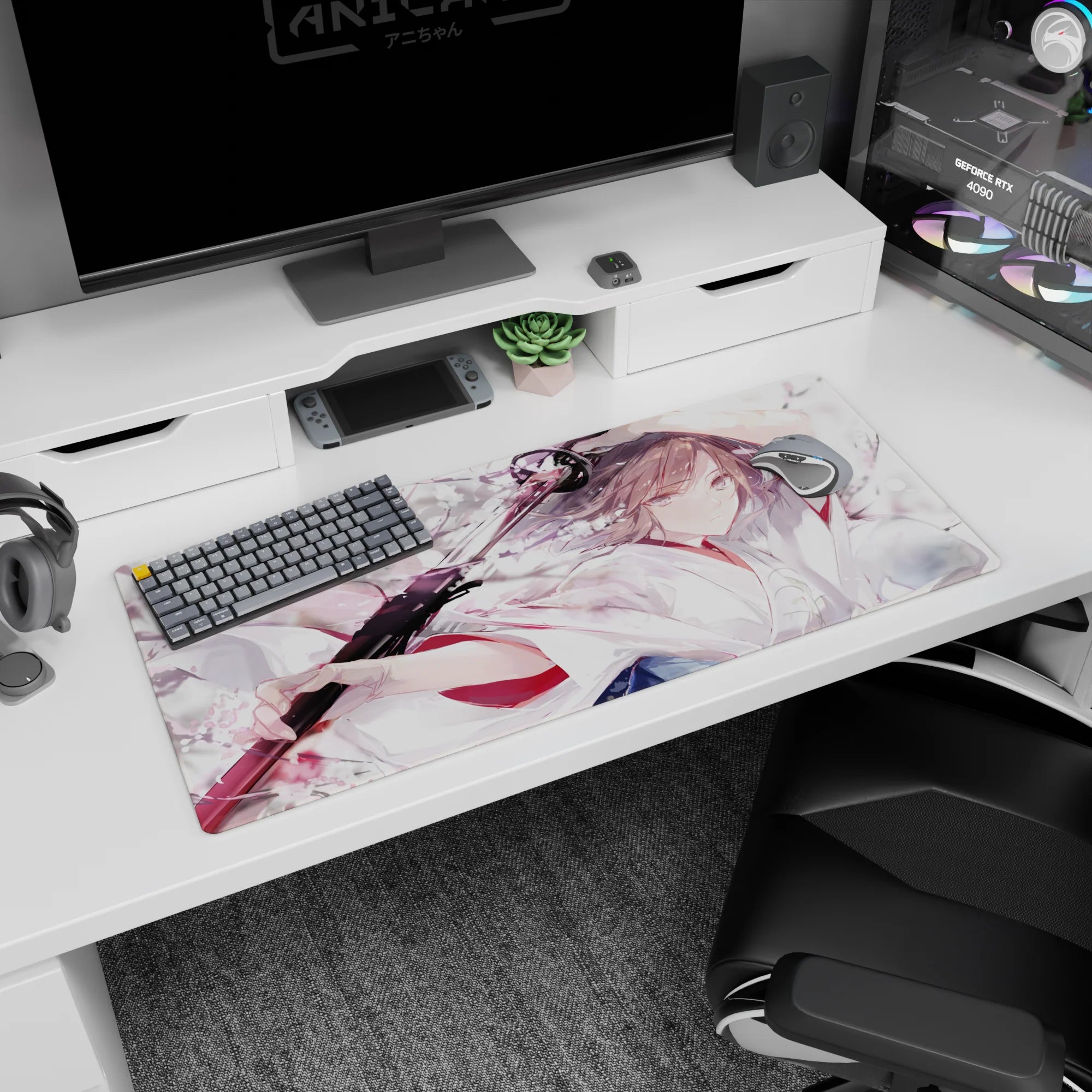 Calm anime girl gripping a katana as sakura petals fall on a 36x16 inches desk pad, cute and dangerous.