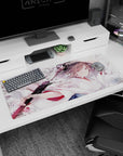 Calm anime girl gripping a katana as sakura petals fall on a 36x16 inches desk pad, cute and dangerous.