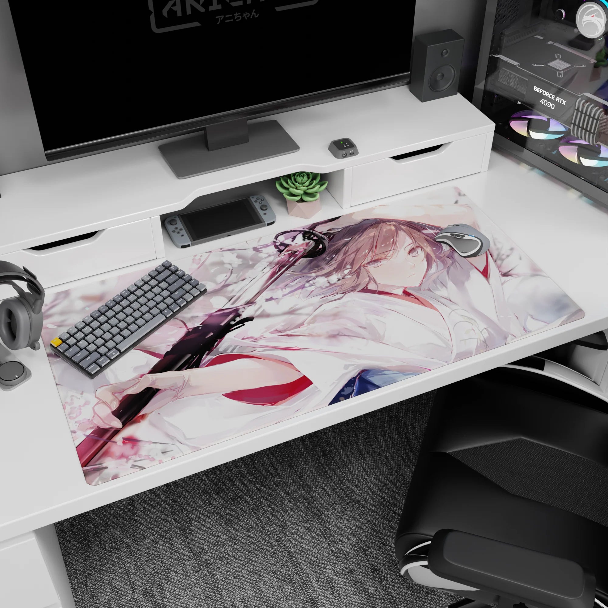 Katana-wielding anime girl with drifting cherry blossoms on a 40x20 inches desk pad.
