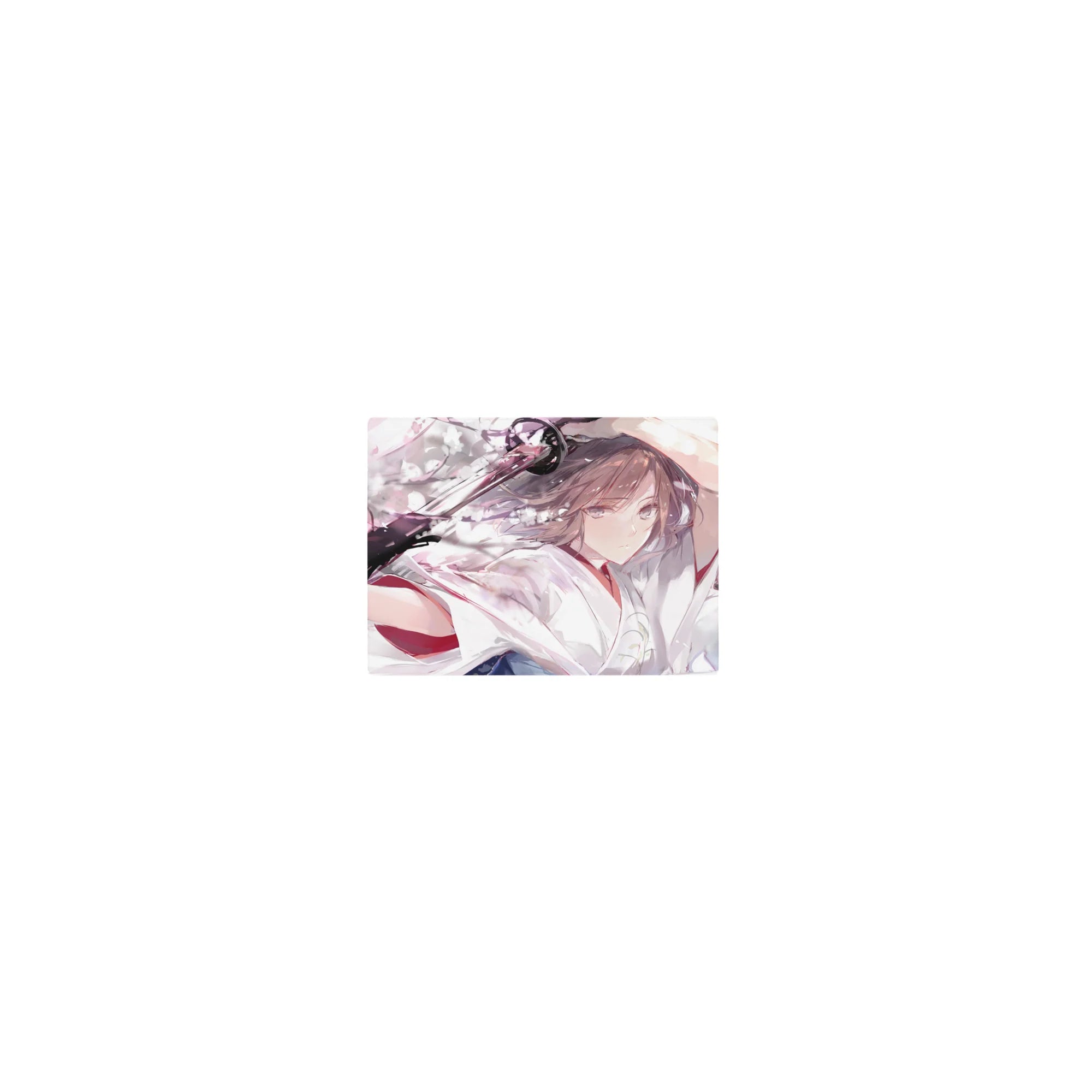 Classic anime girl mouse pad 14x10 inches with katana, sakura petals, watercolor pink and gray art.