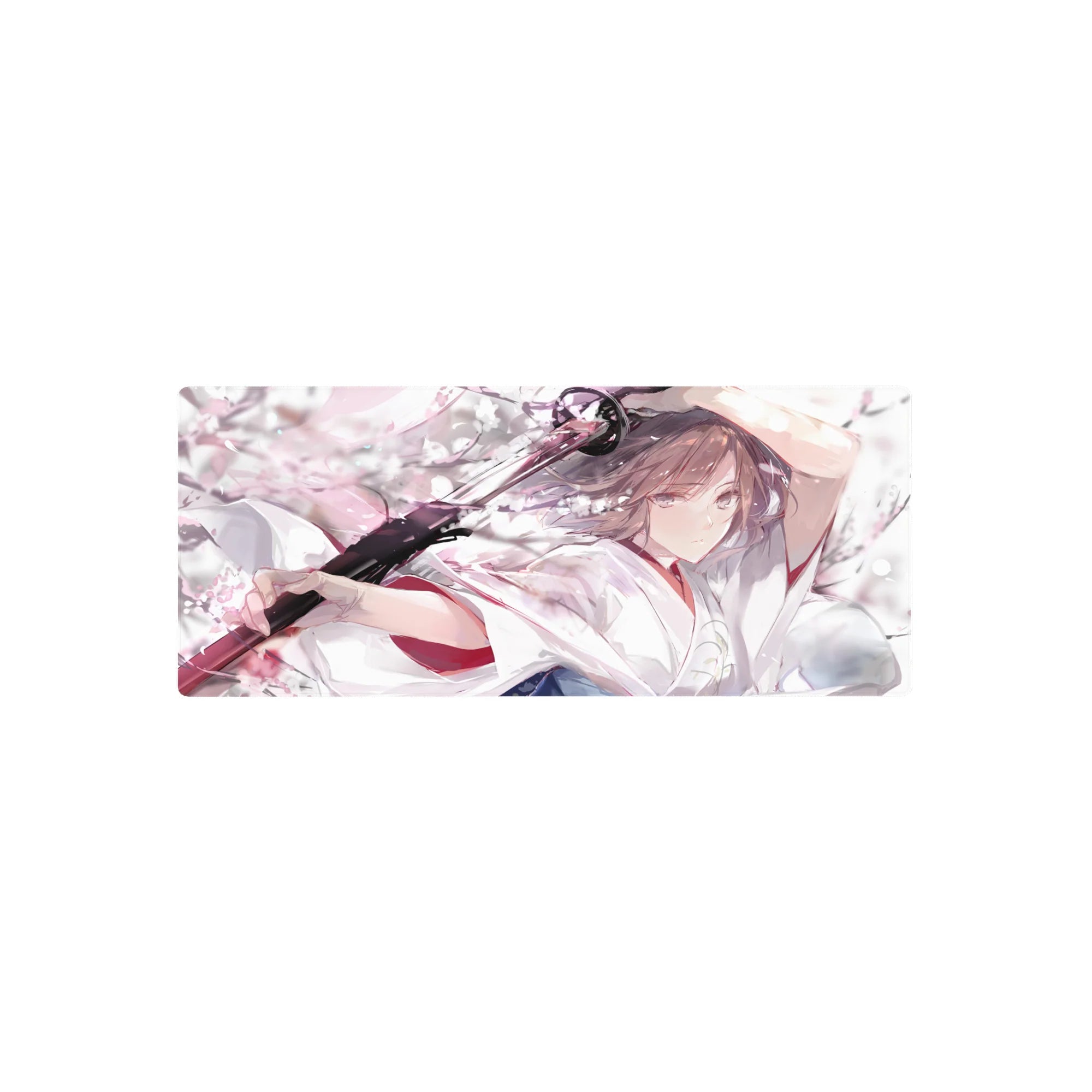 28x12 inches anime girl mouse pad with katana and drifting sakura petals, watercolor style desk mat.