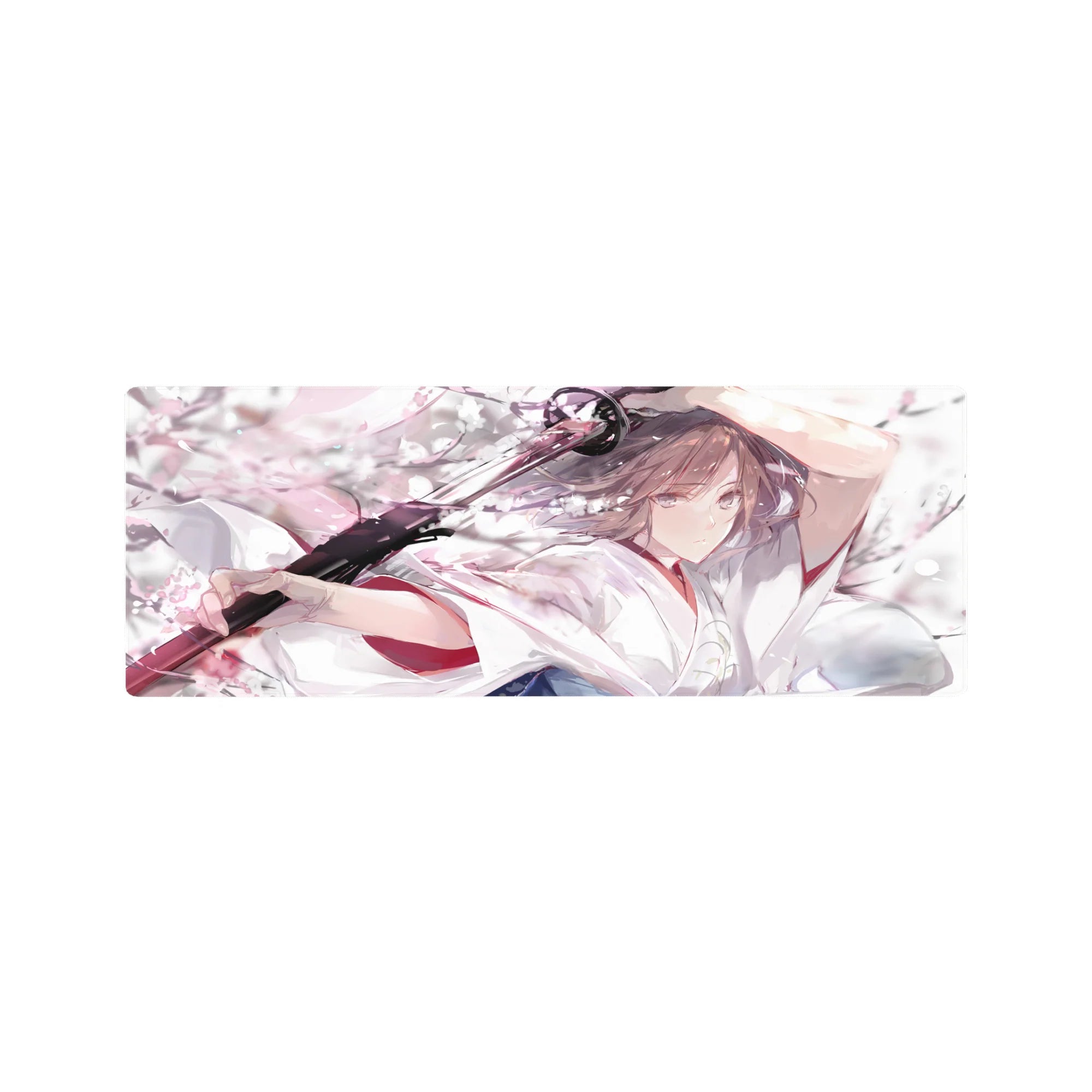 Anime girl mouse pad 32x12 inches with shrine-maiden vibe, katana pose, sakura petals, watercolor art.