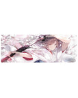 Anime girl mouse pad 32x12 inches with shrine-maiden vibe, katana pose, sakura petals, watercolor art.