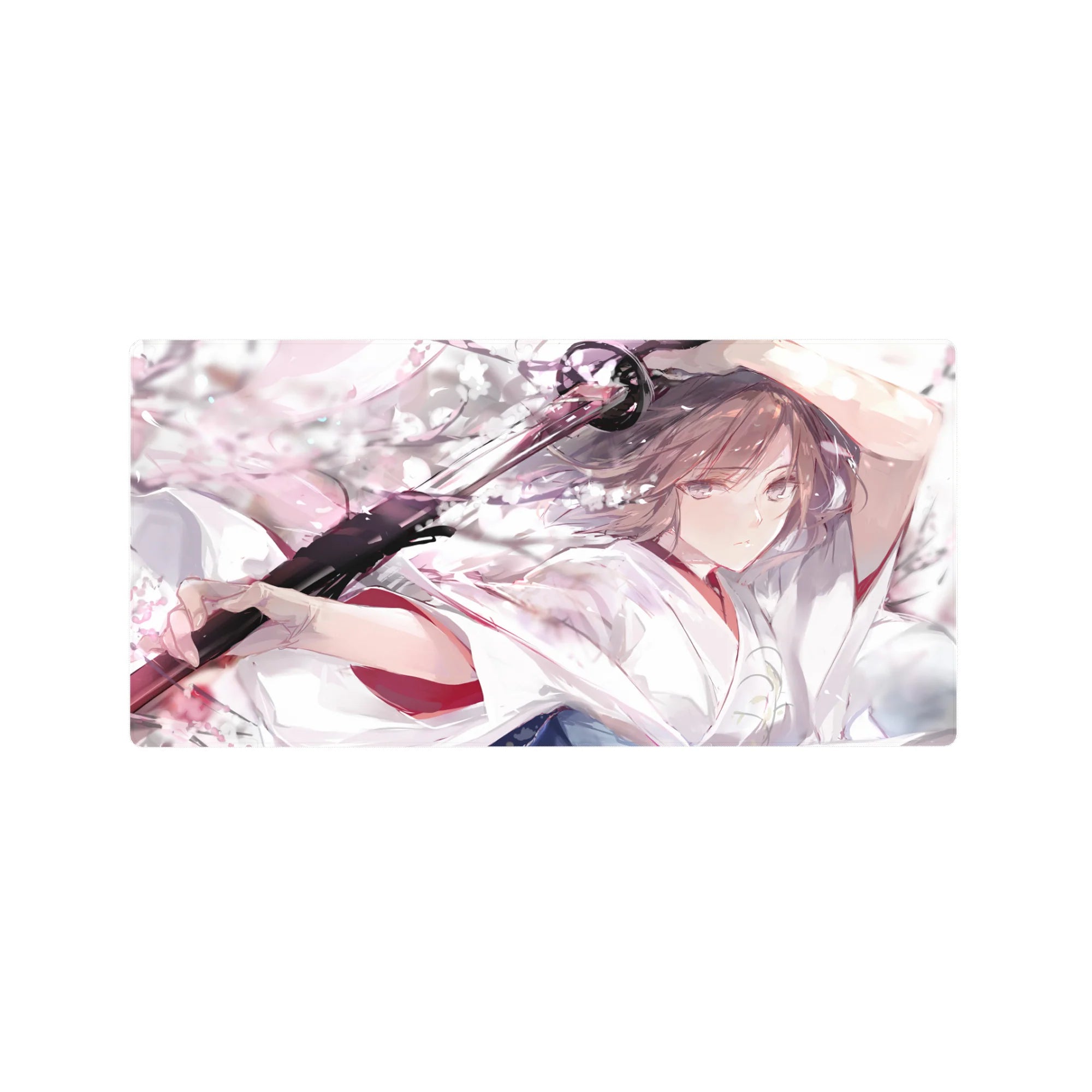 Anime girl mouse pad 32x16 inches with shrine maiden vibe, katana, and floating sakura petals.