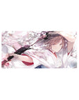 Anime girl mouse pad 32x16 inches with shrine maiden vibe, katana, and floating sakura petals.