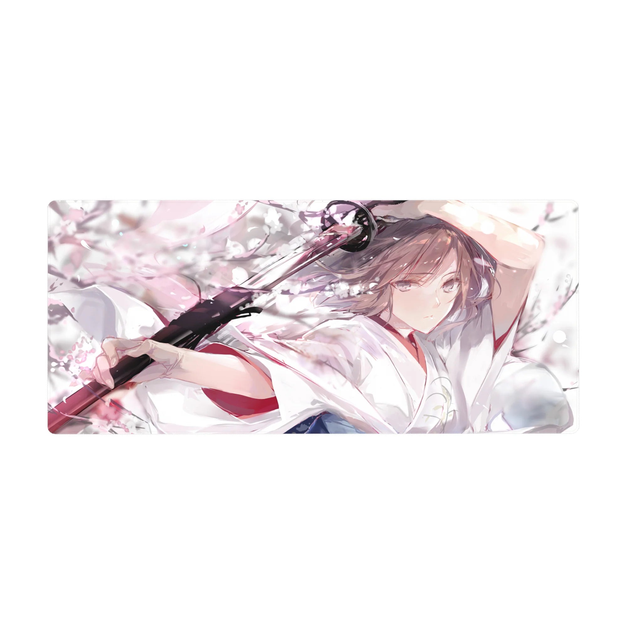 Anime girl desk pad 36x16 inches with katana and drifting sakura petals, shrine-maiden style artwork.