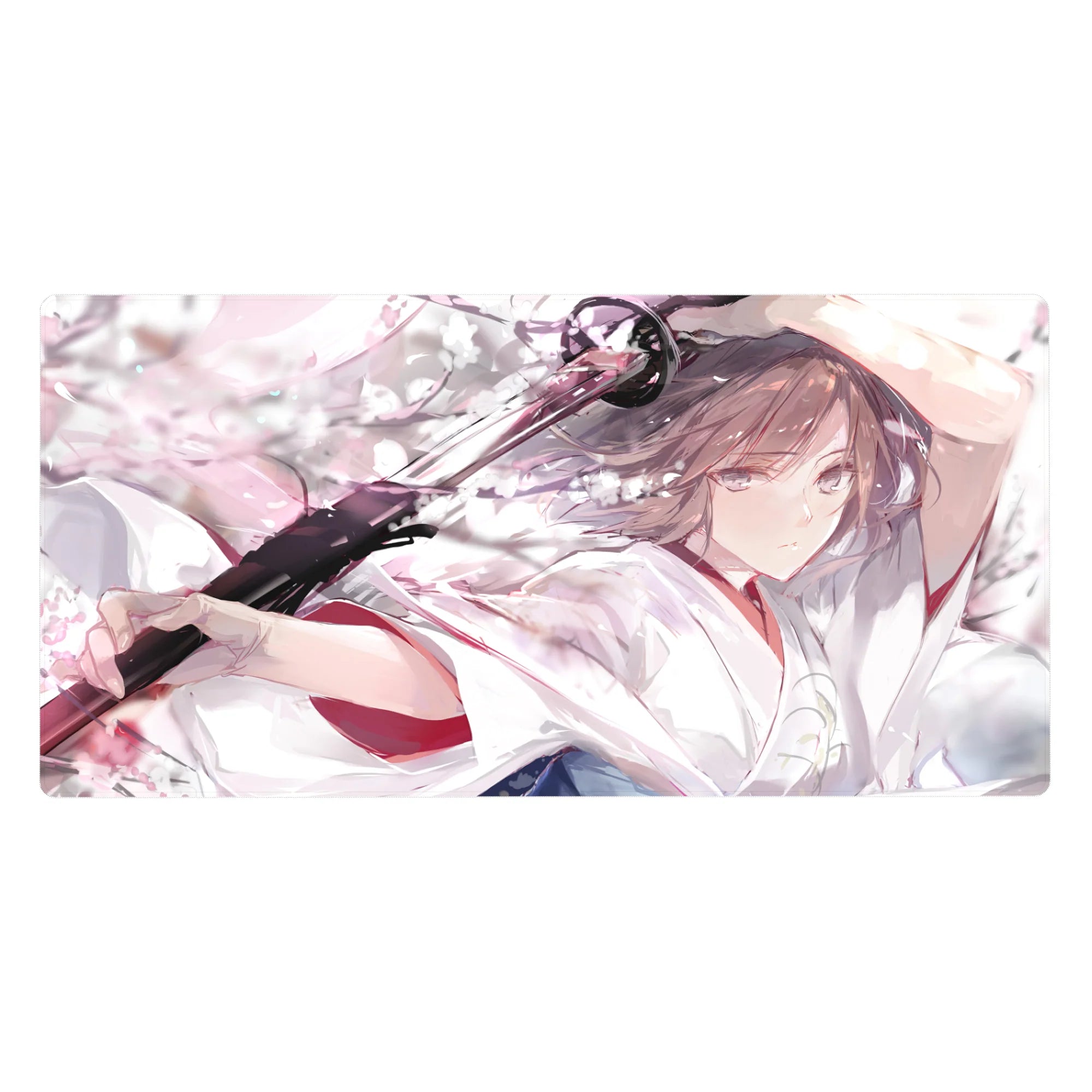 Anime girl desk pad 40x20 inches with shrine maiden katana art and floating sakura petals.