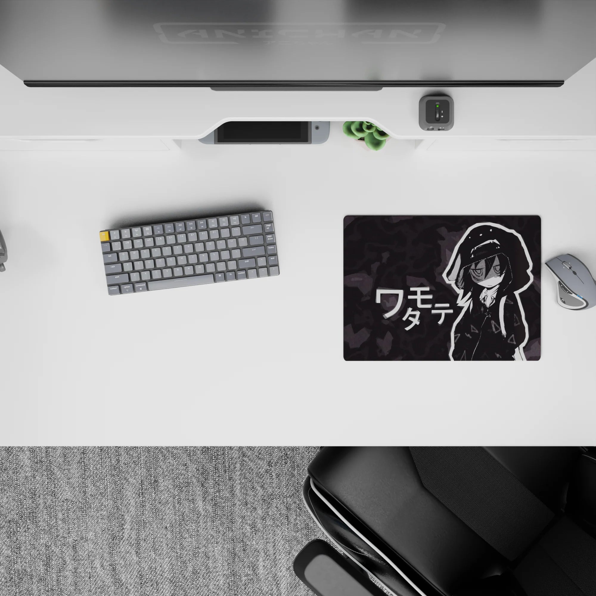 Moody charcoal camo anime girl mouse pad 14x10 inches with crisp white outlines and sleepy vibe.