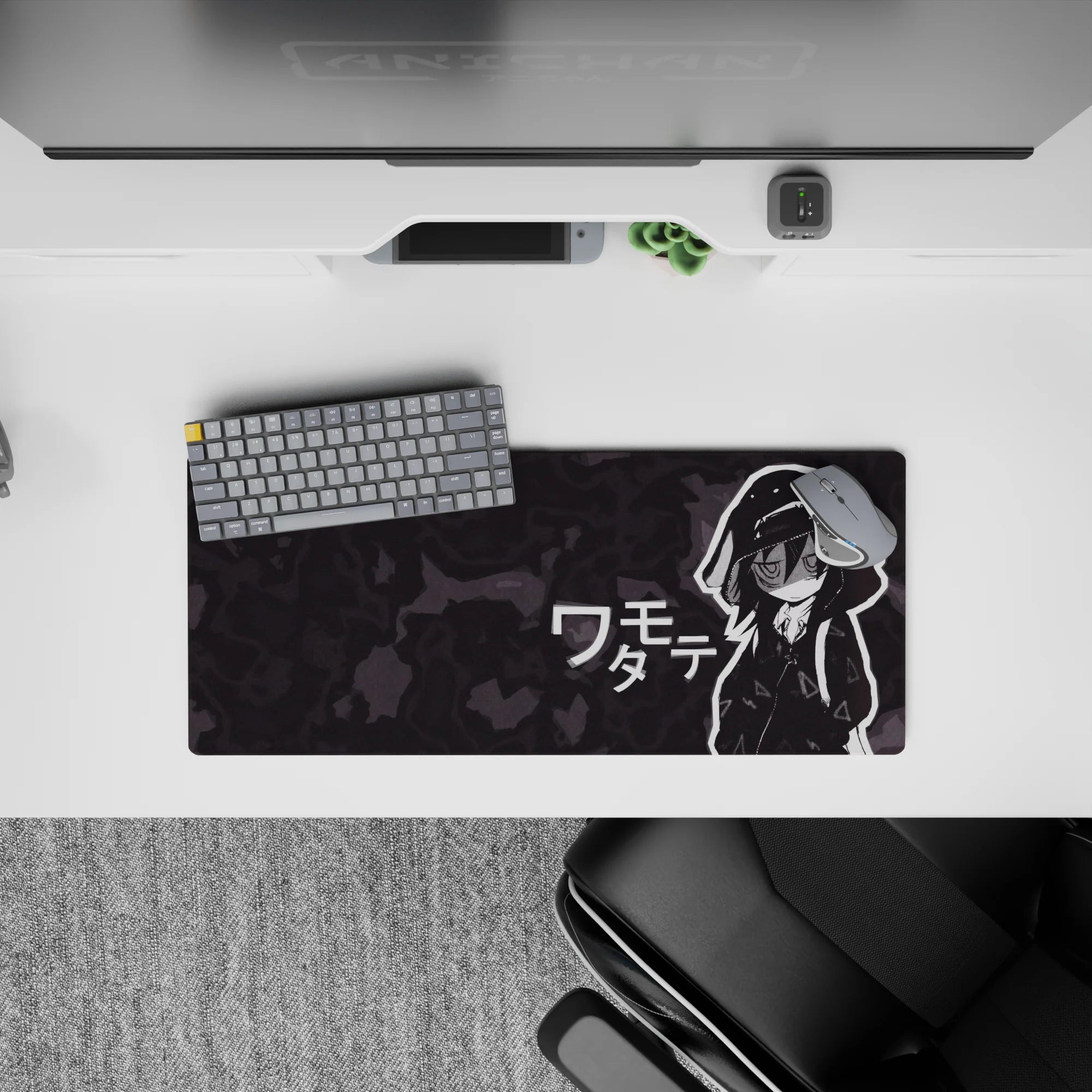 Charcoal camo swirl anime girl mouse pad 28x12 inches, moody deadpan vibe for late-night desk setups.