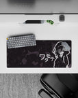 Charcoal camo swirl anime girl mouse pad 28x12 inches, moody deadpan vibe for late-night desk setups.