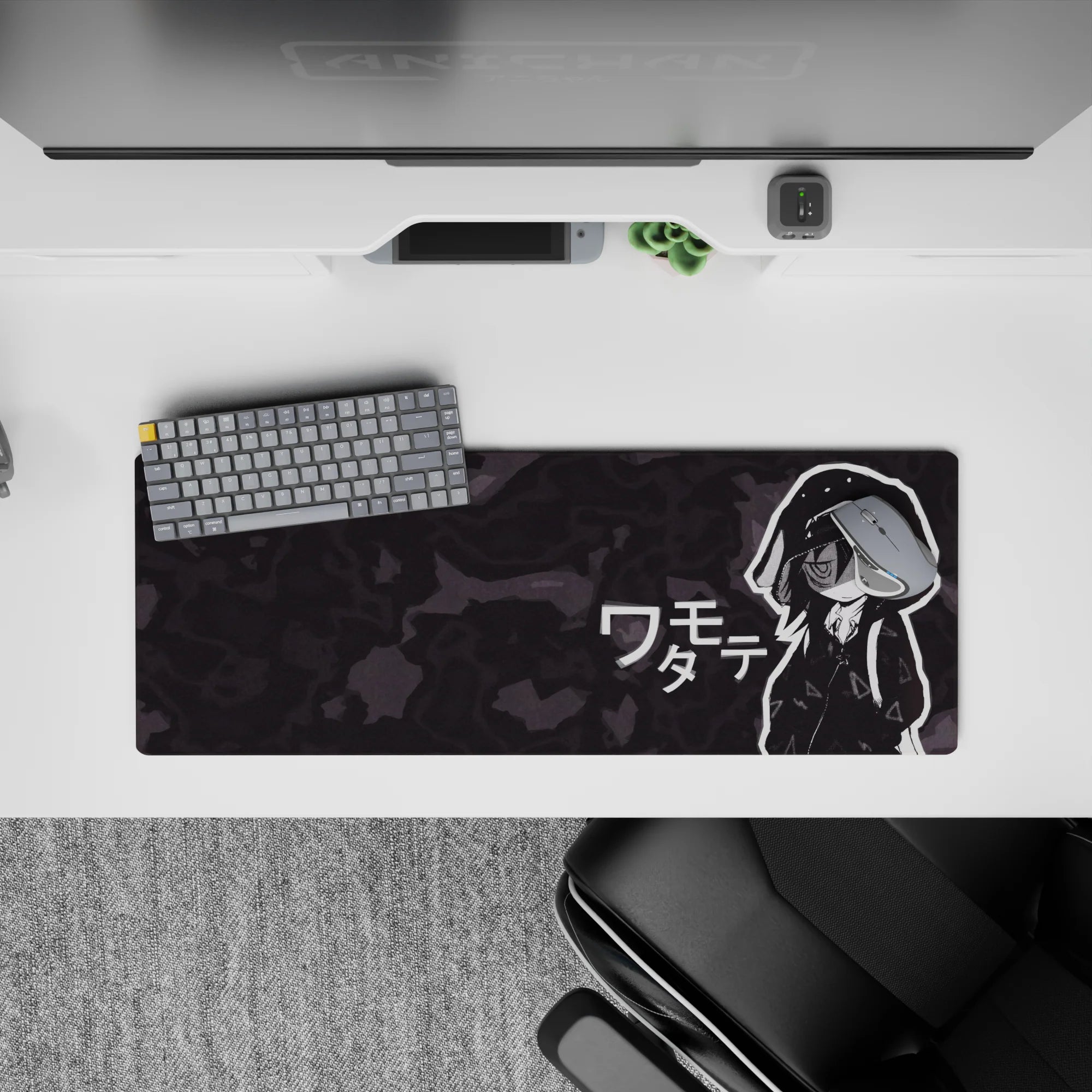 32x12 inches anime desk mat in deep charcoal camo, crisp white outlines, moody sleepy vibe.