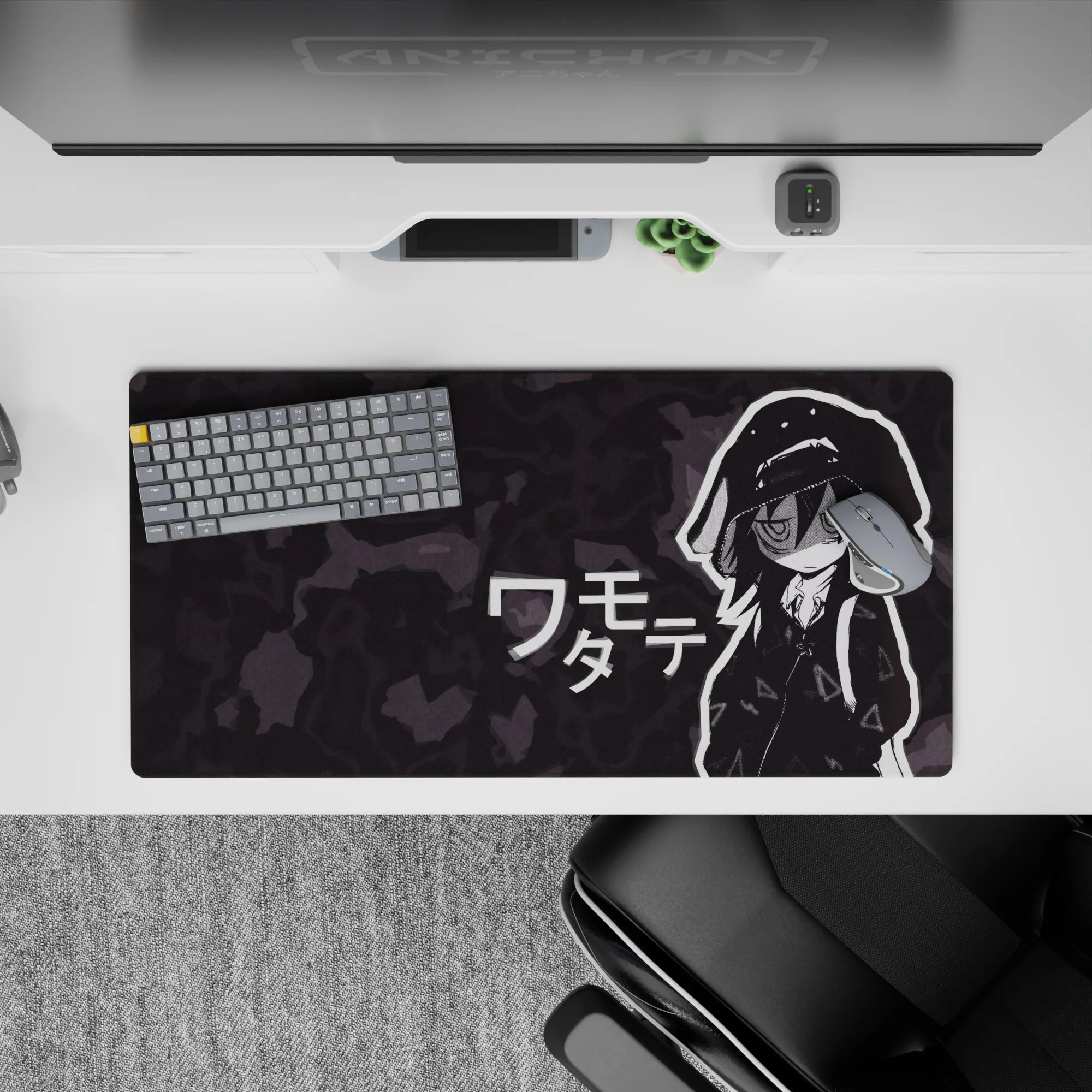 Moody charcoal camo anime girl mouse pad 32x16 inches, sleepy deadpan vibe for late-night gaming.