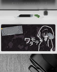 Moody charcoal camo anime girl mouse pad 32x16 inches, sleepy deadpan vibe for late-night gaming.
