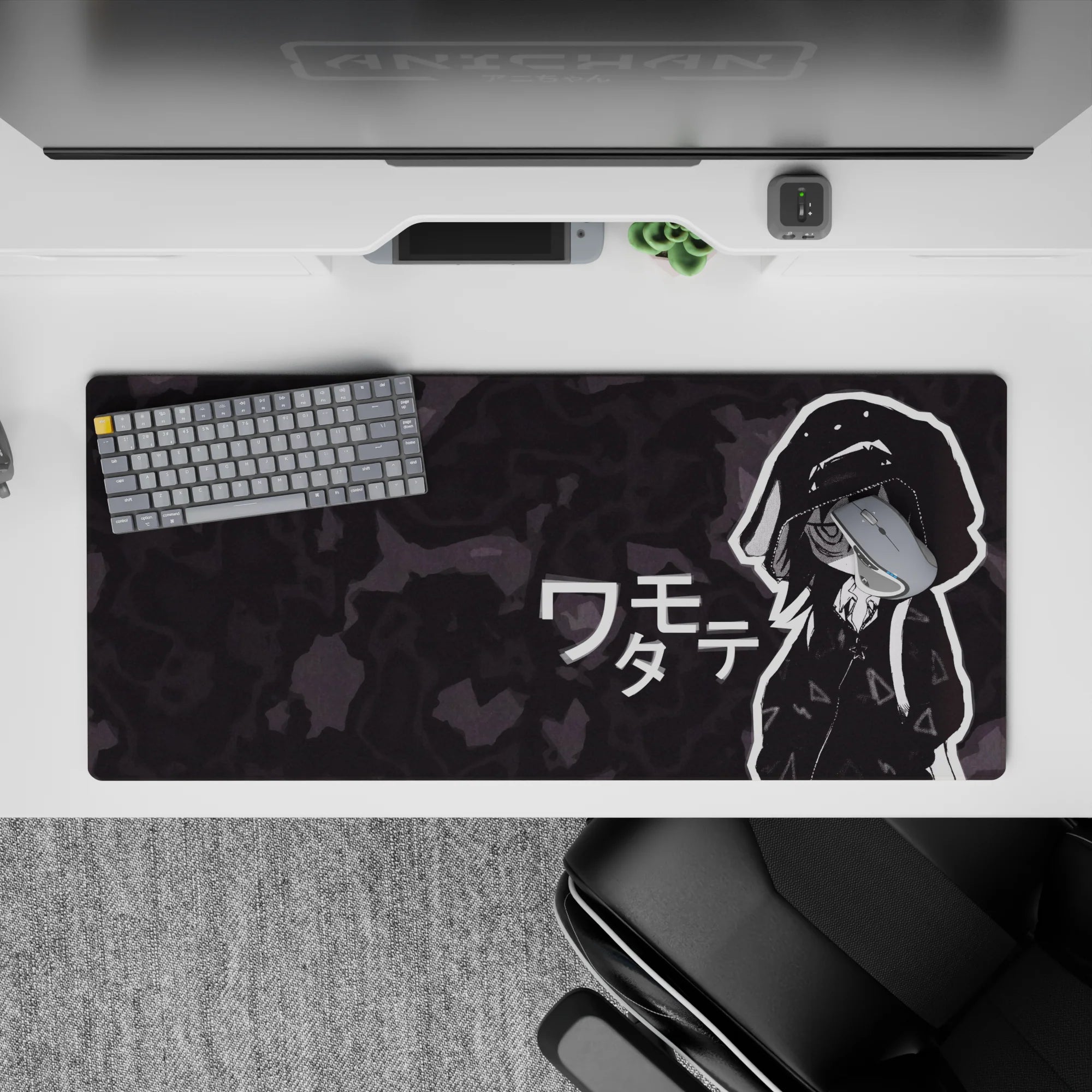 Moody charcoal camo anime desk pad 36x16 inches, crisp white outlines and sleepy deadpan vibe.