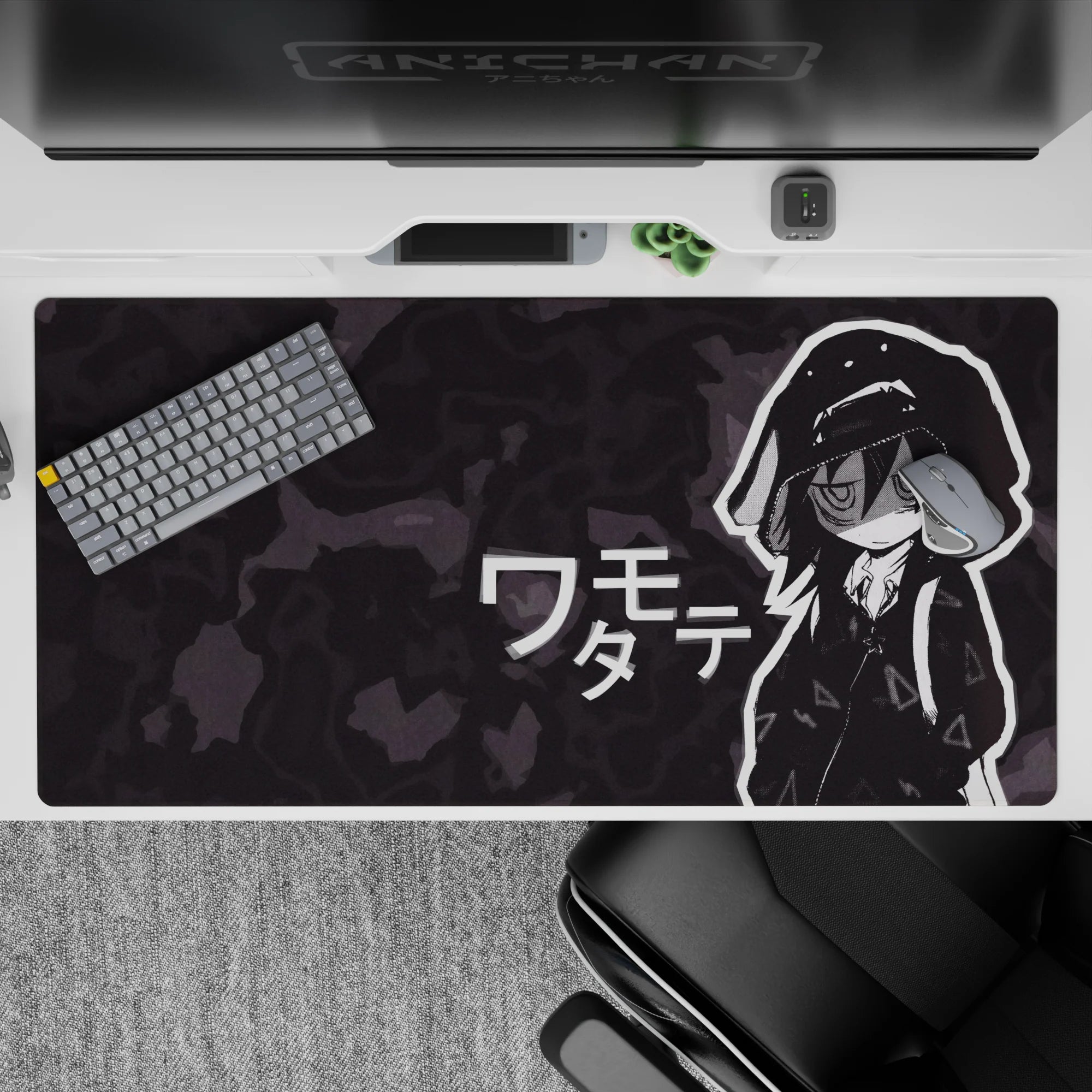 40x20 inches desk pad in deep charcoal camo with crisp white line art and a moody, sleepy anime vibe.